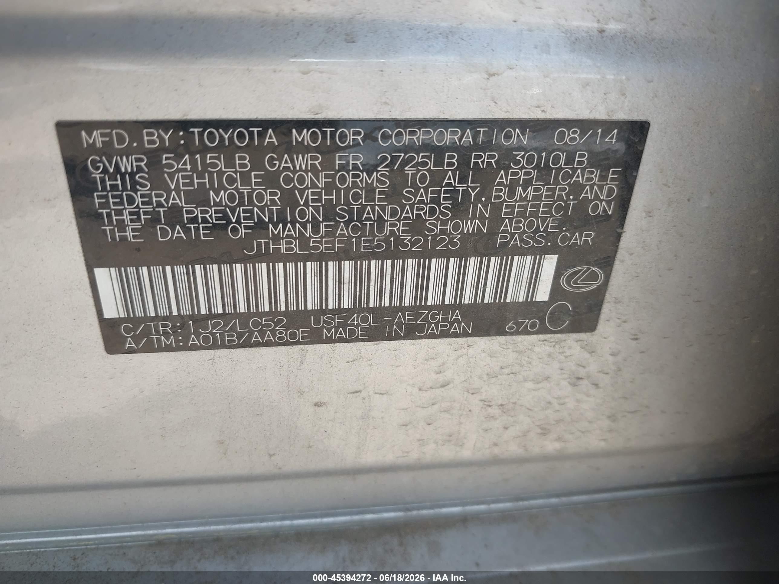 2014 Lexus Ls 460   Silver vin: JTHBL5EF1E5132123