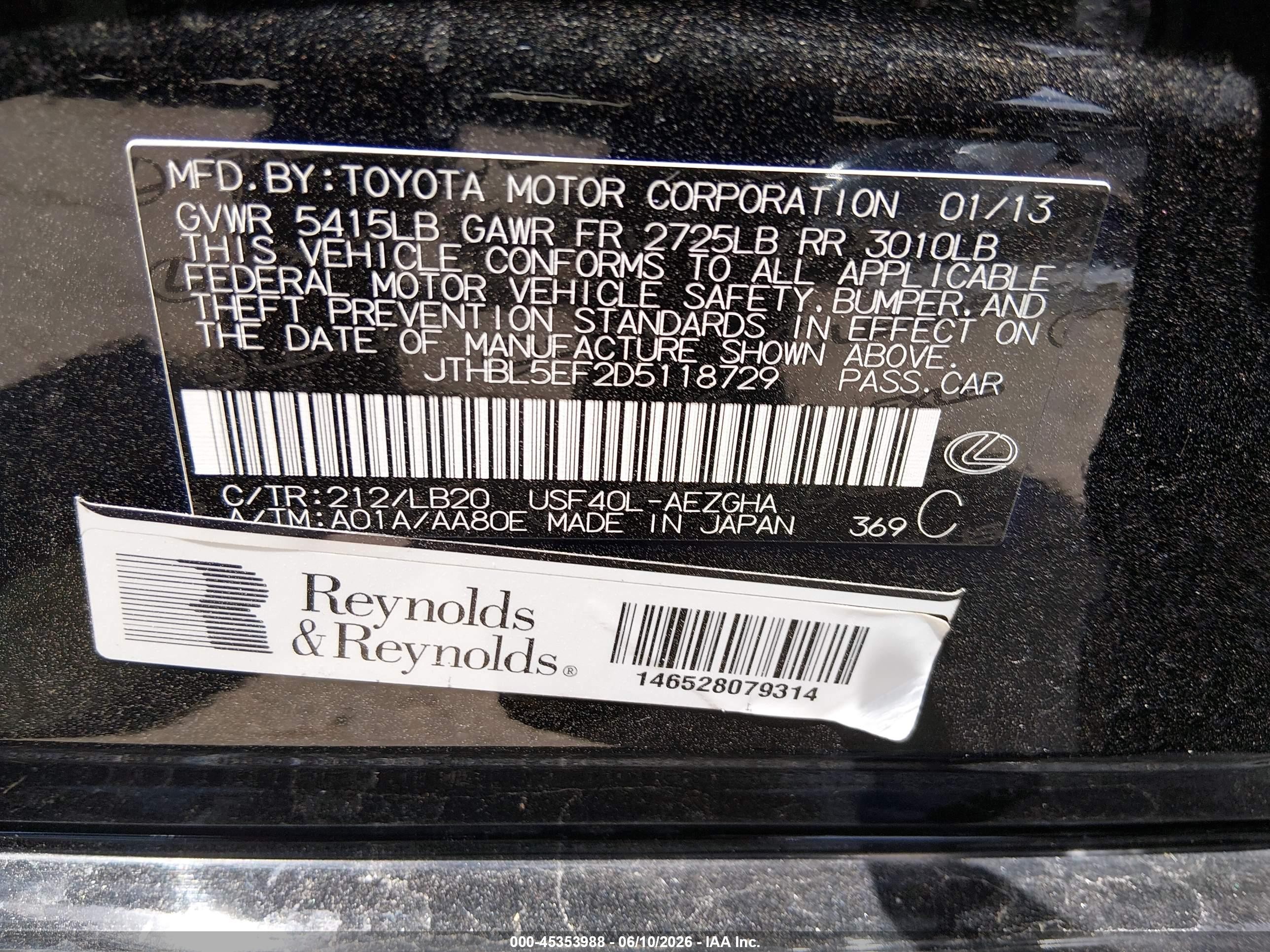 2013 Lexus Ls 460 Black vin: JTHBL5EF2D5118729
