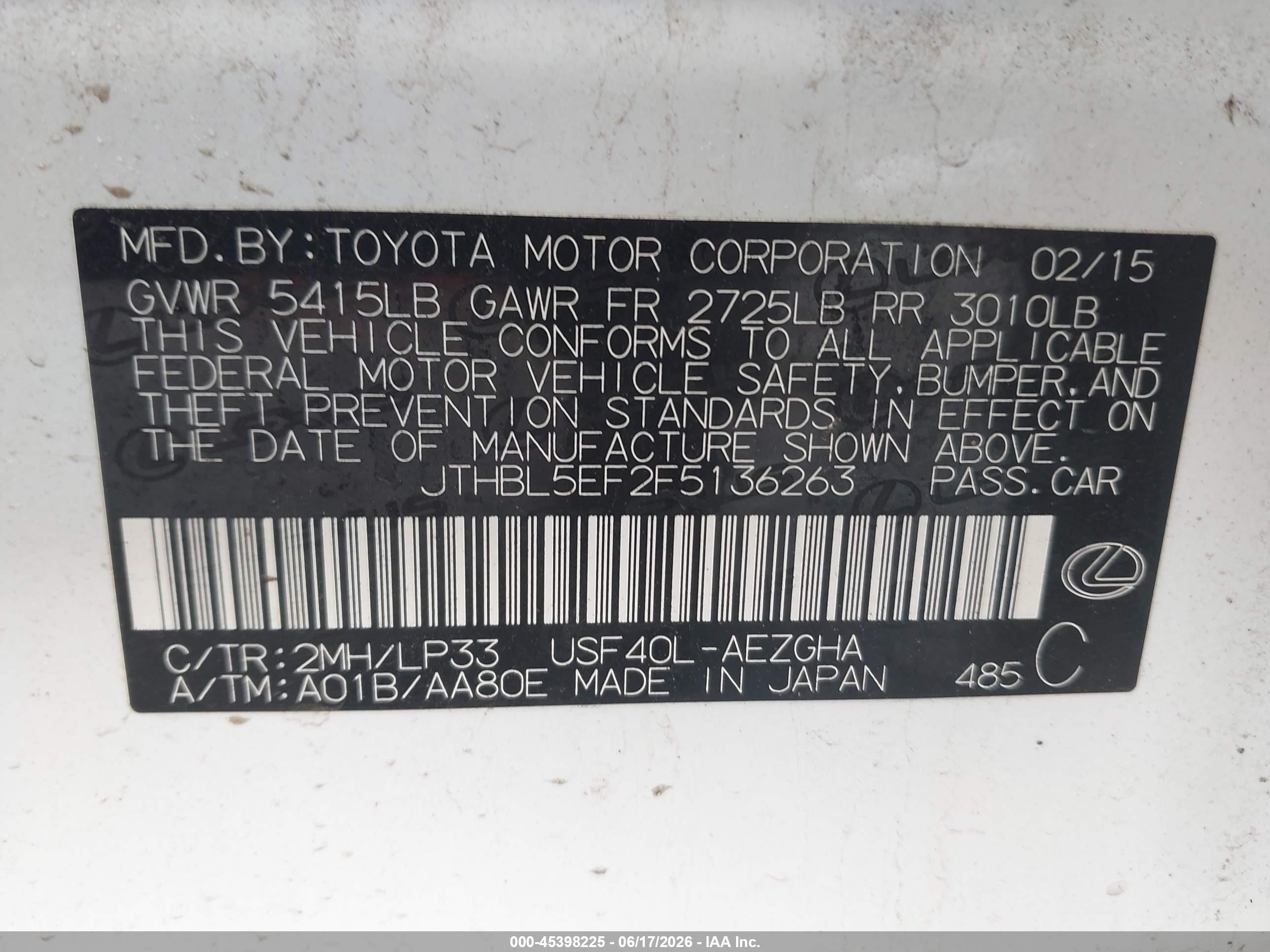 2015 Lexus Ls 460 Crafted Line White vin: JTHBL5EF2F5136263