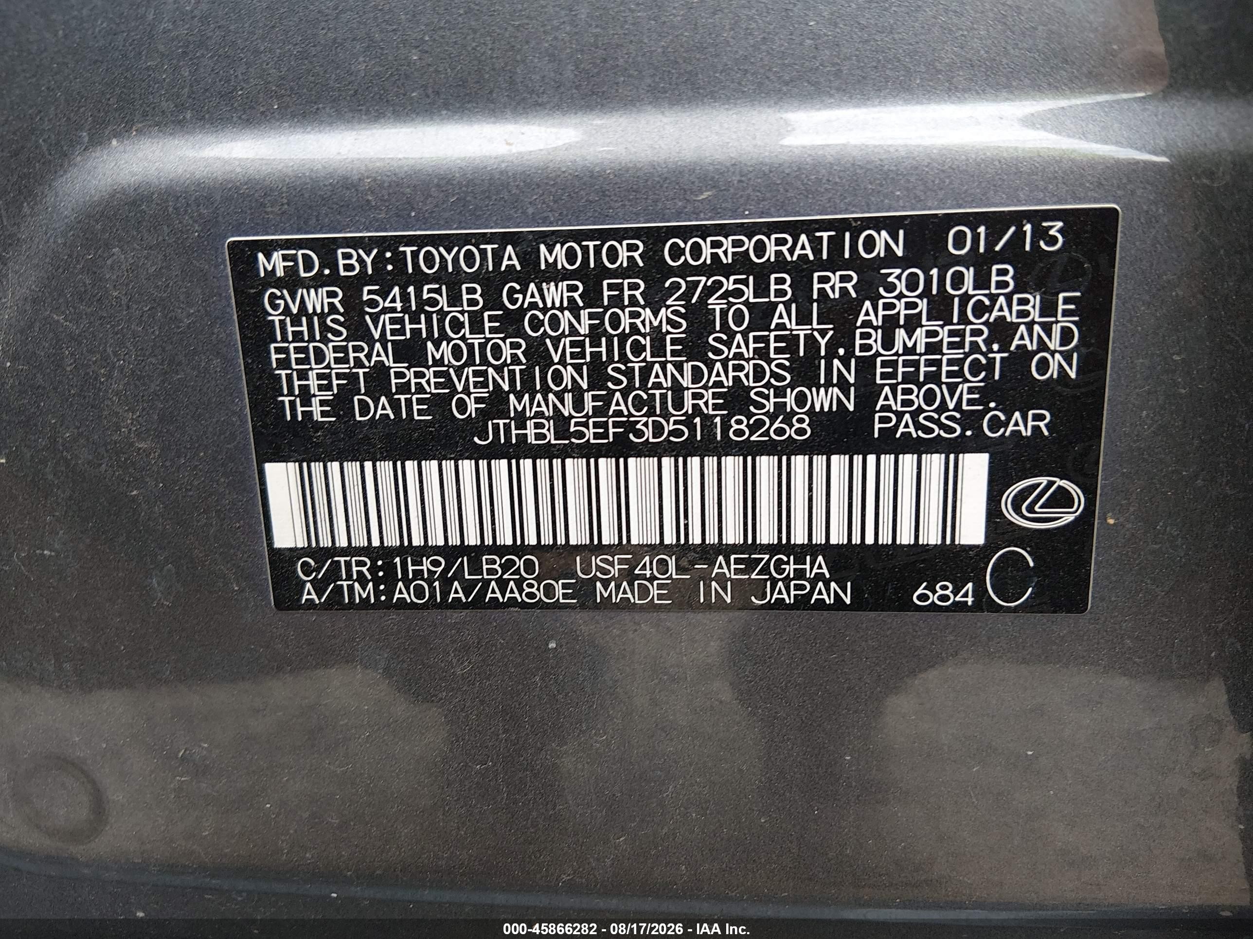 2013 Lexus Ls 460   Gray vin: JTHBL5EF3D5118268