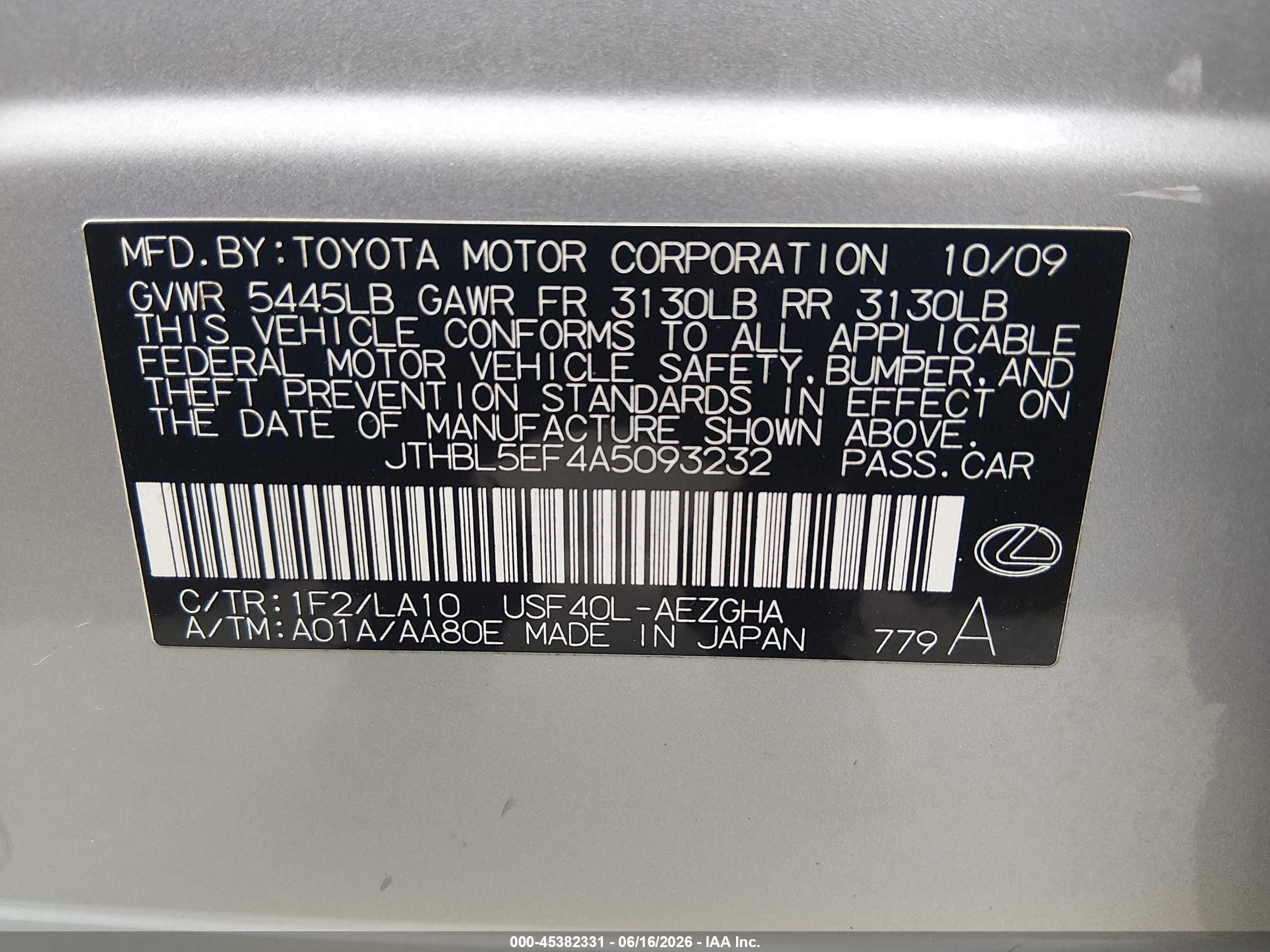 2010 Lexus Ls 460   Gray vin: JTHBL5EF4A5093232