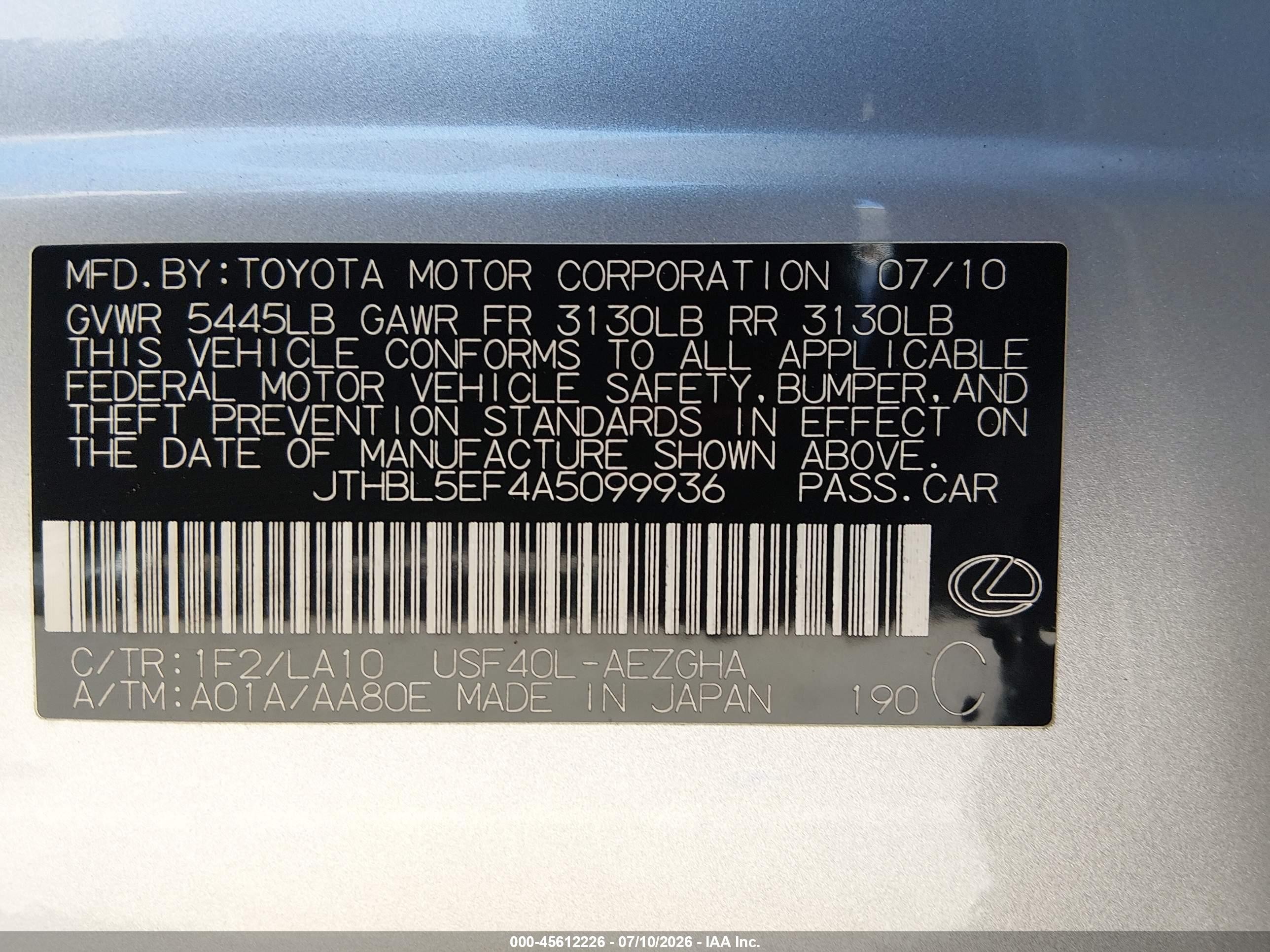 2010 Lexus Ls 460   Silver vin: JTHBL5EF4A5099936