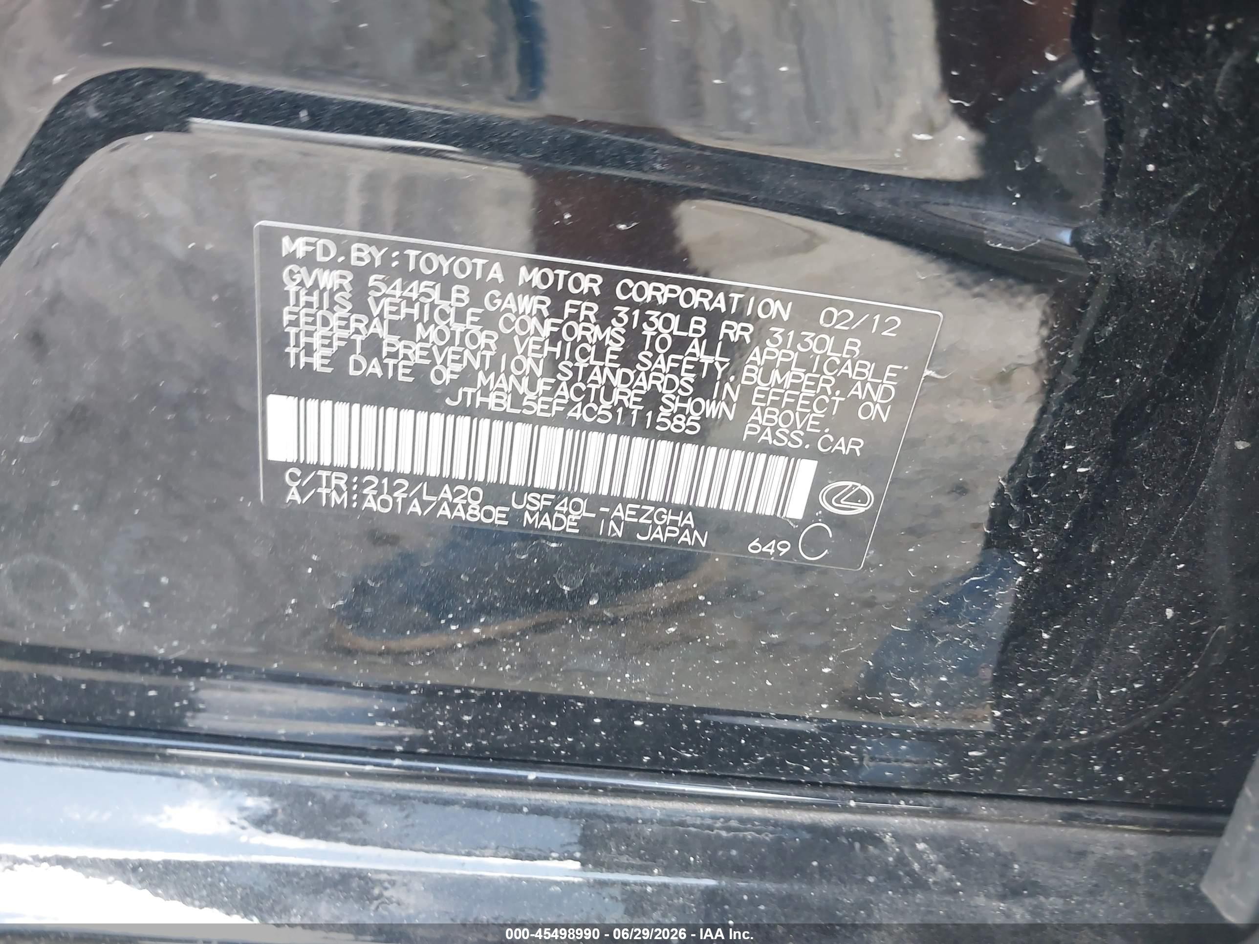 2012 Lexus Ls 460   Черный vin: JTHBL5EF4C5111585