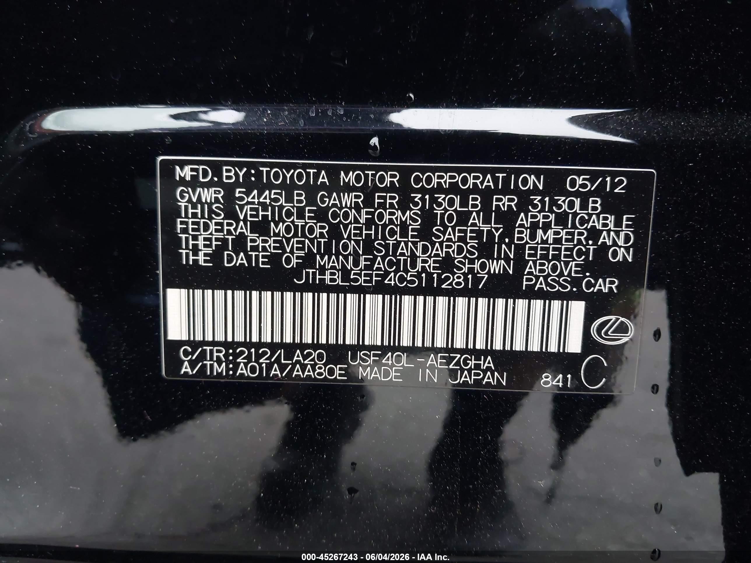 2012 Lexus Ls 460   Black vin: JTHBL5EF4C5112817