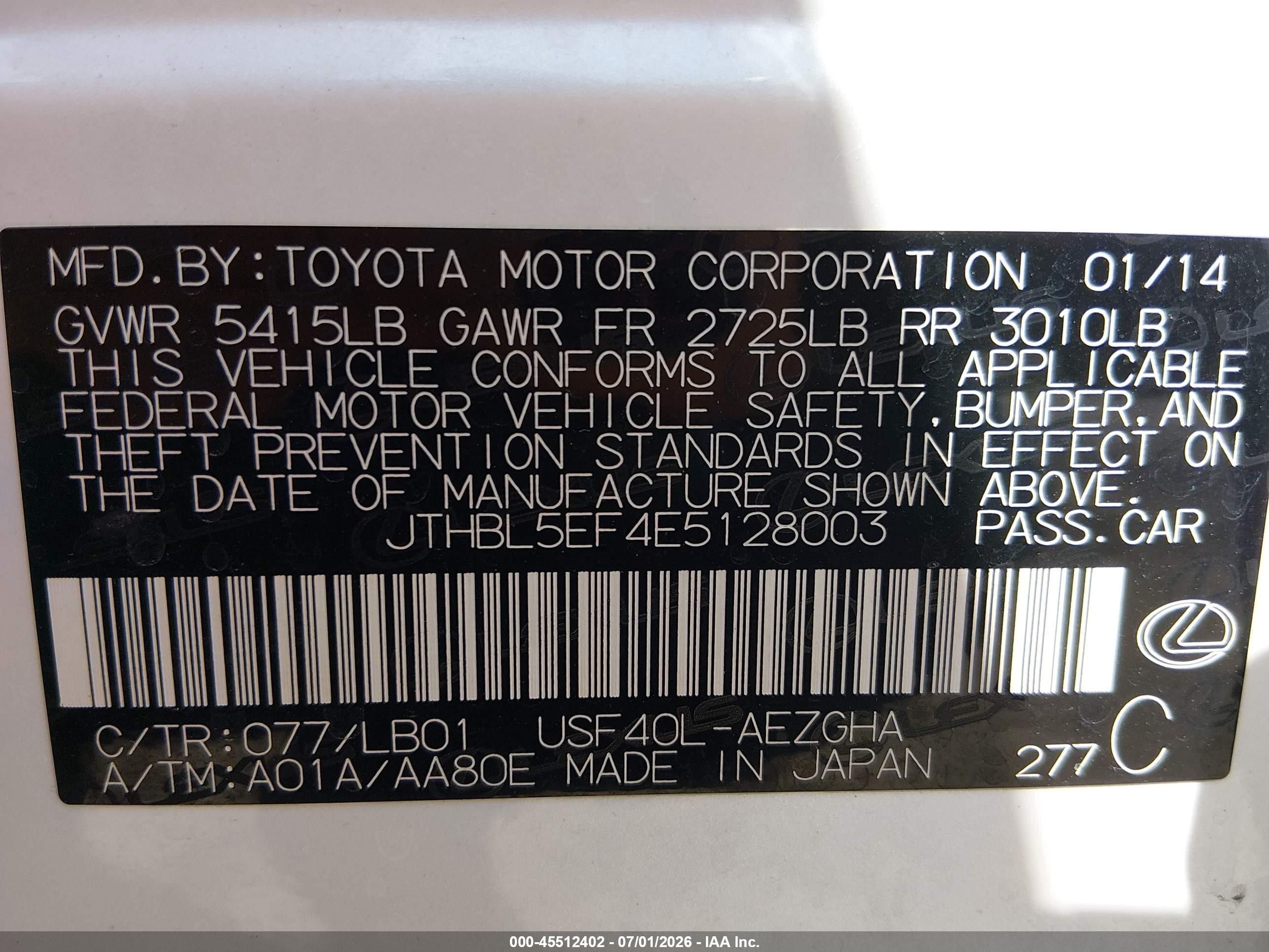 2014 Lexus Ls 460   White vin: JTHBL5EF4E5128003
