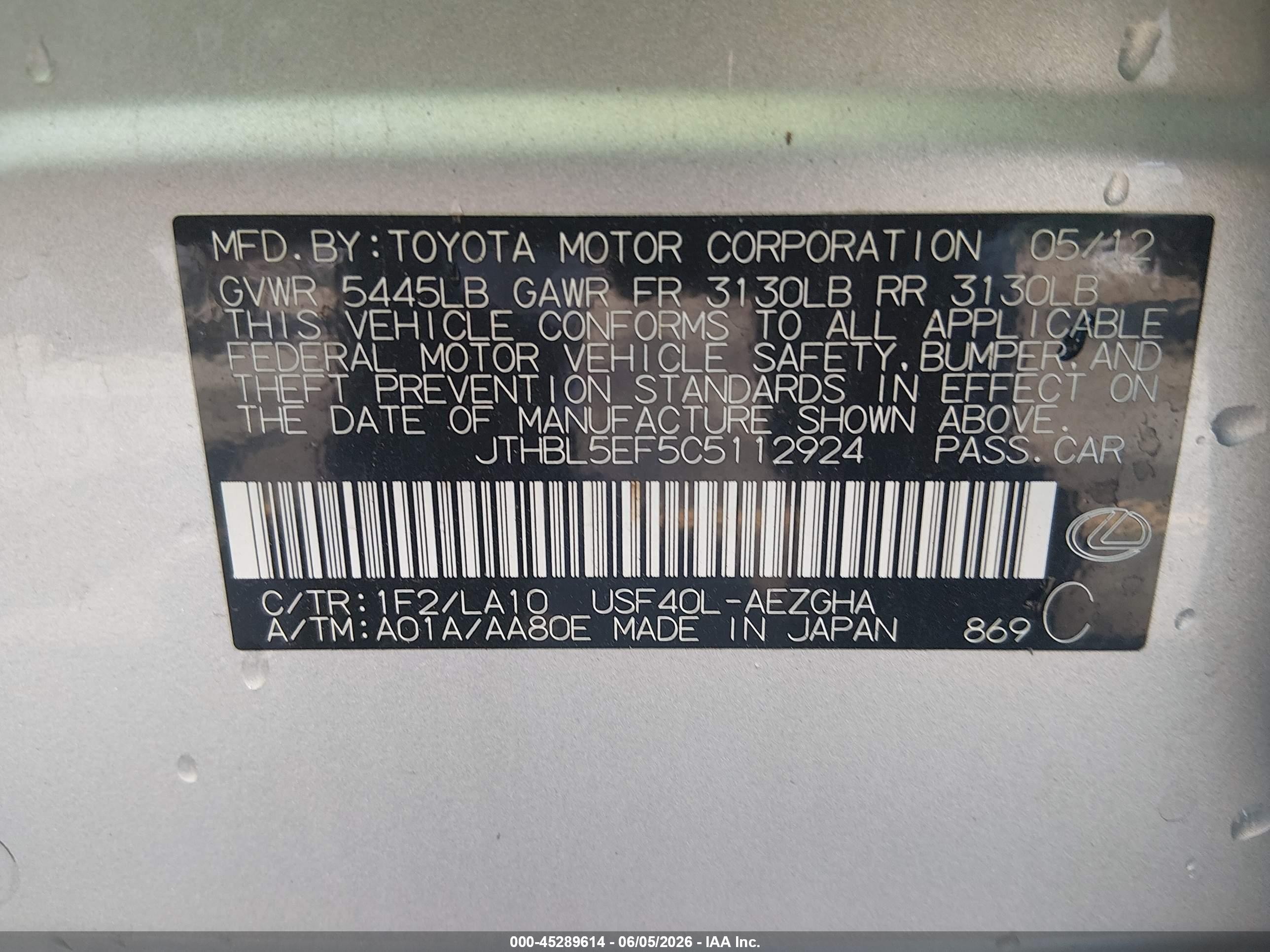 2012 Lexus Ls 460 Silver vin: JTHBL5EF5C5112924