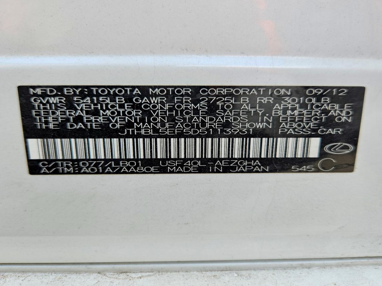 2013 Lexus Ls 460 White vin: JTHBL5EF5D5113931
