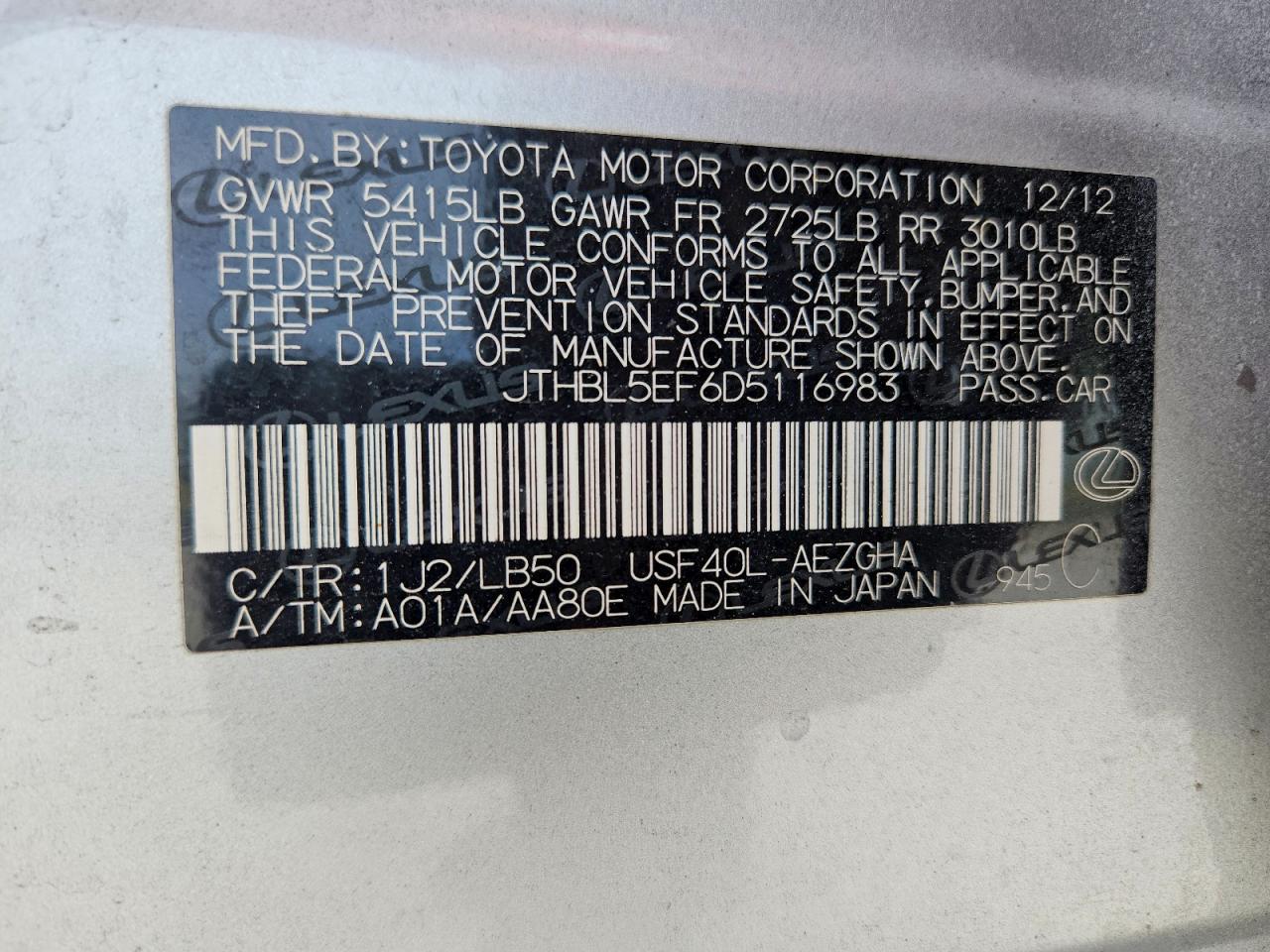 2013 Lexus Ls 460 Silver vin: JTHBL5EF6D5116983