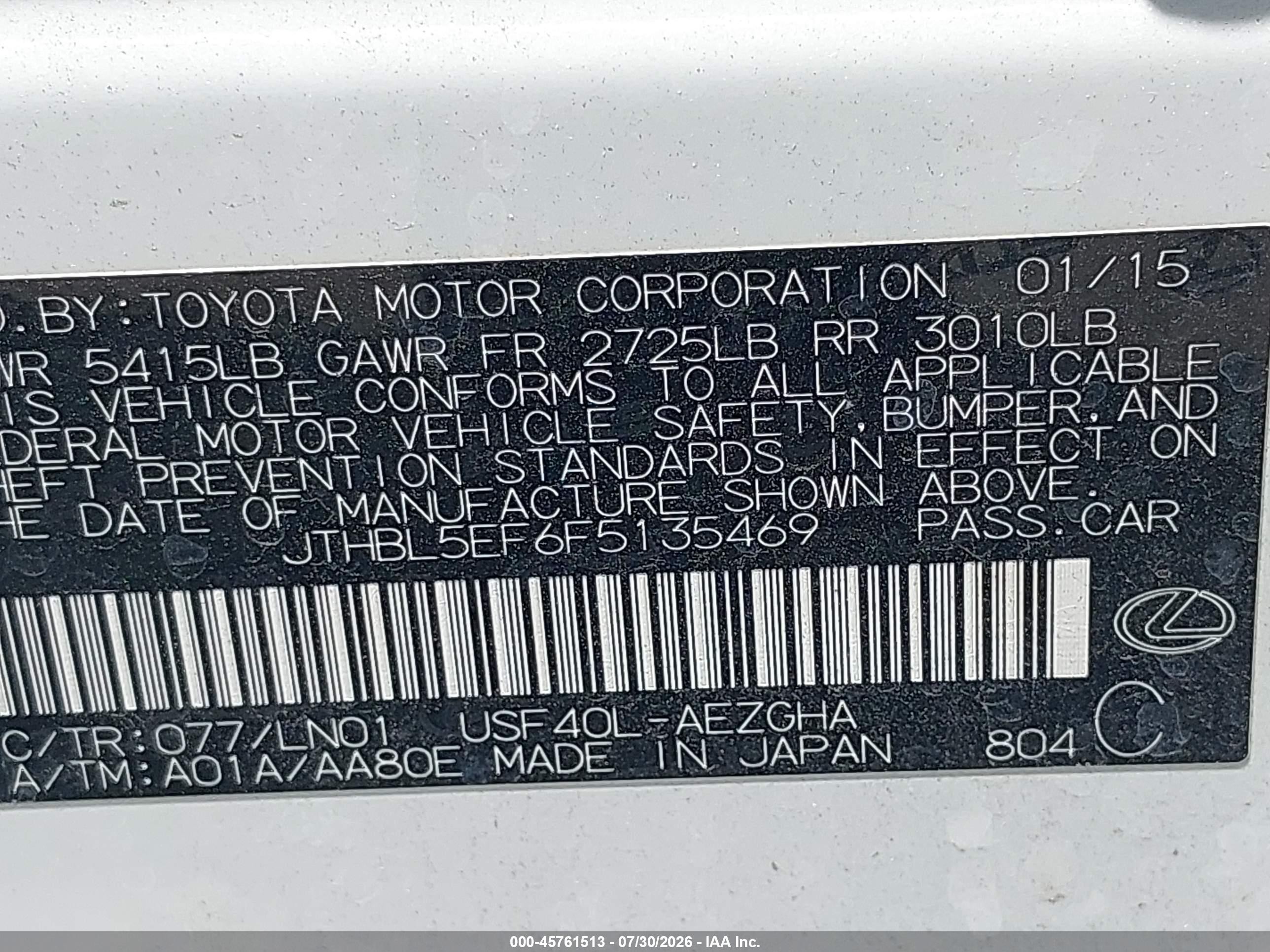 2015 Lexus Ls 460   White vin: JTHBL5EF6F5135469