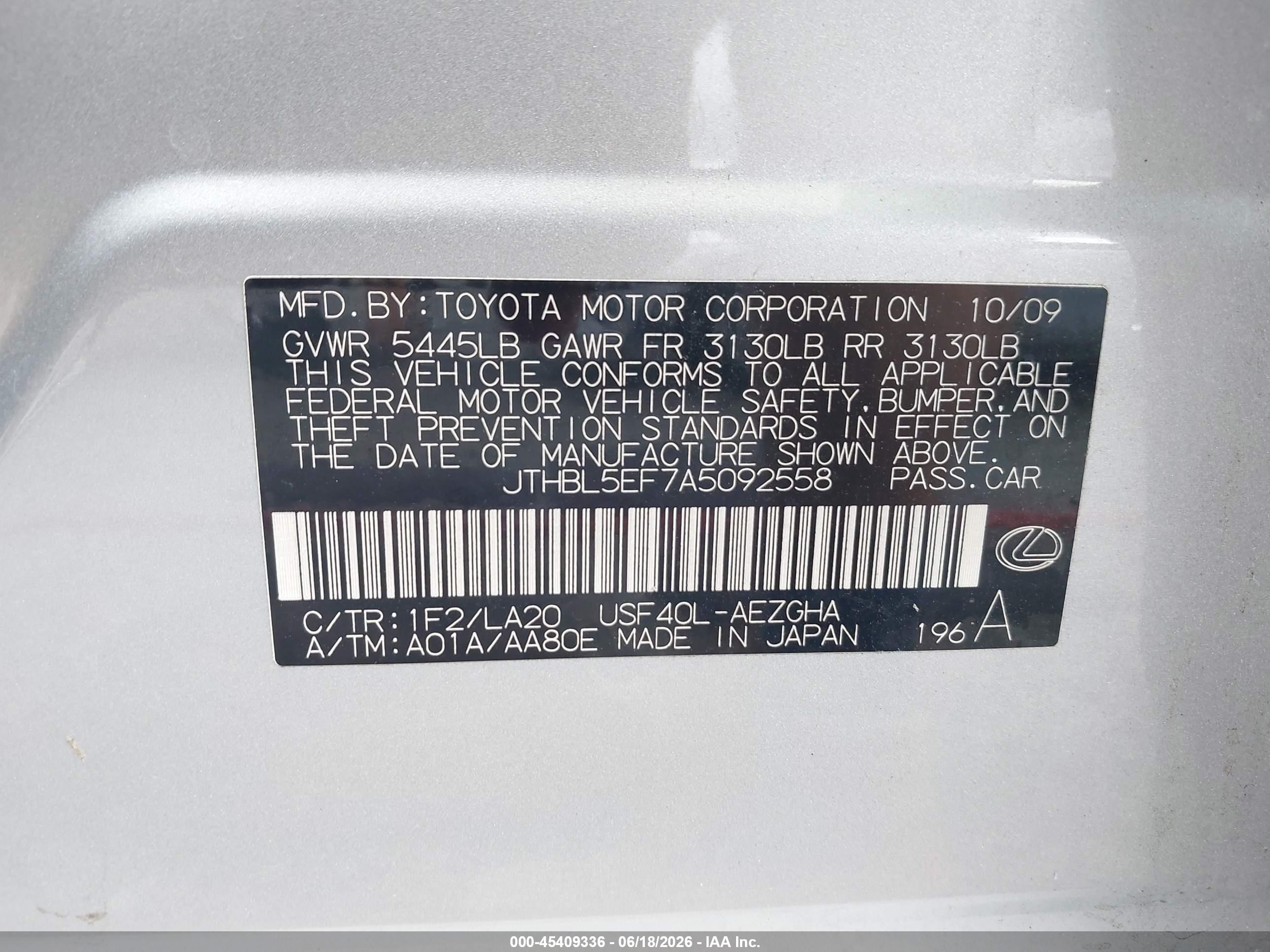 2010 Lexus Ls 460   Silver vin: JTHBL5EF7A5092558