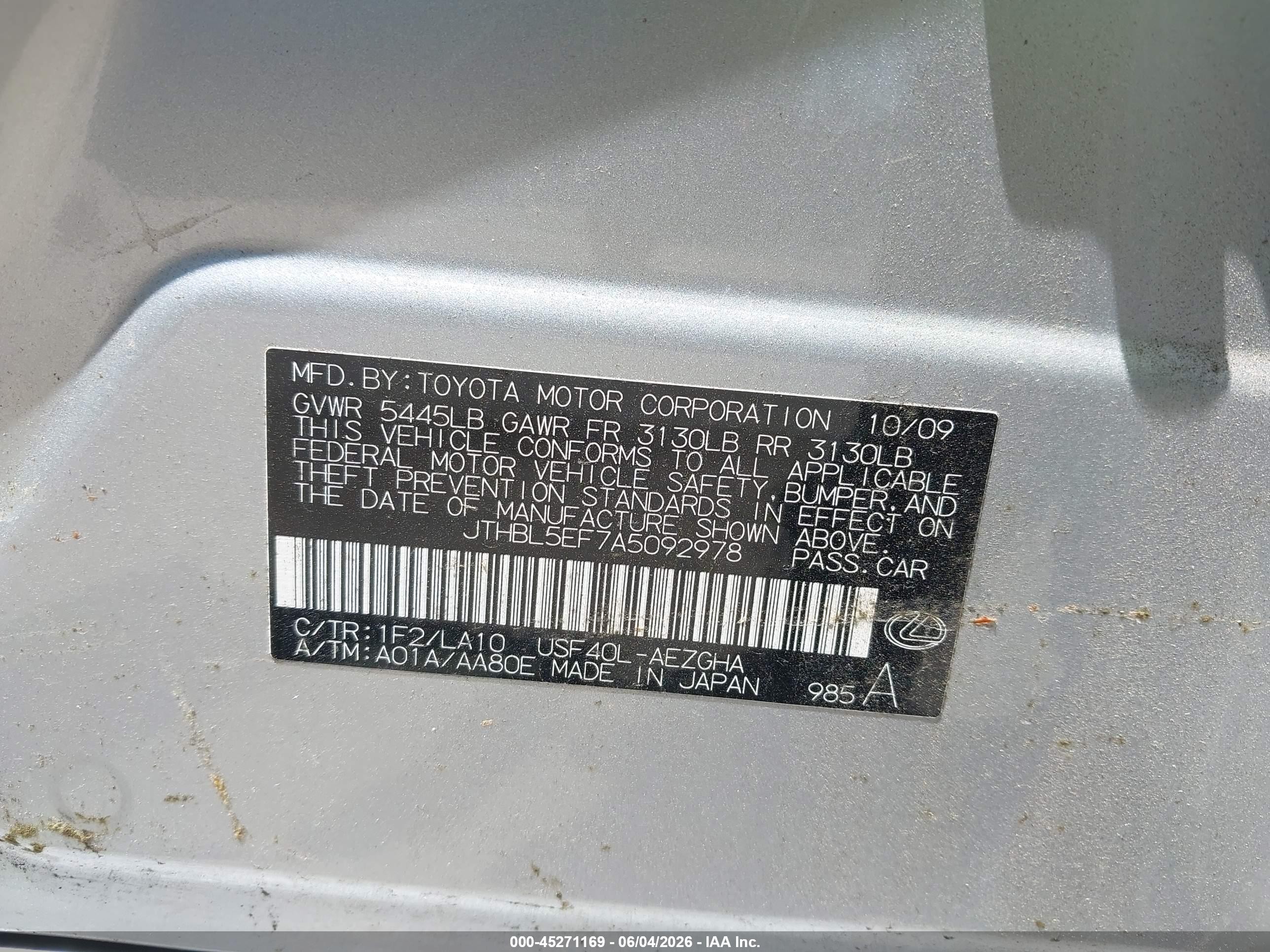 2010 Lexus Ls 460   Silver vin: JTHBL5EF7A5092978