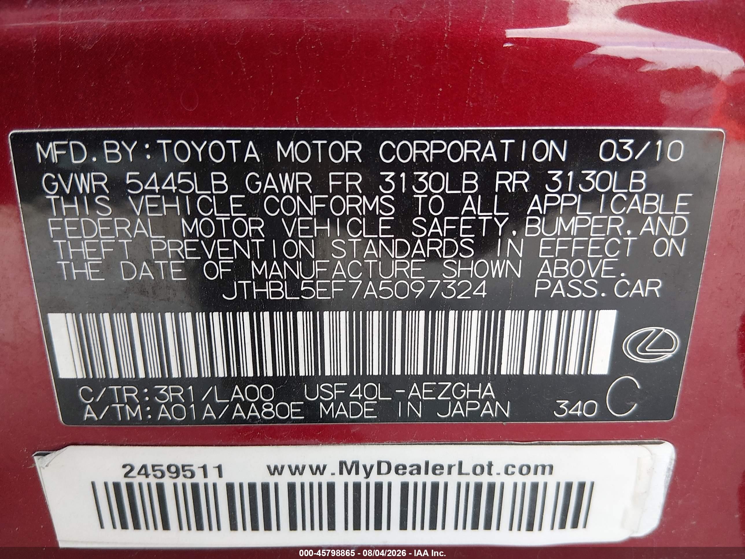 2010 Lexus Ls 460   Maroon vin: JTHBL5EF7A5097324
