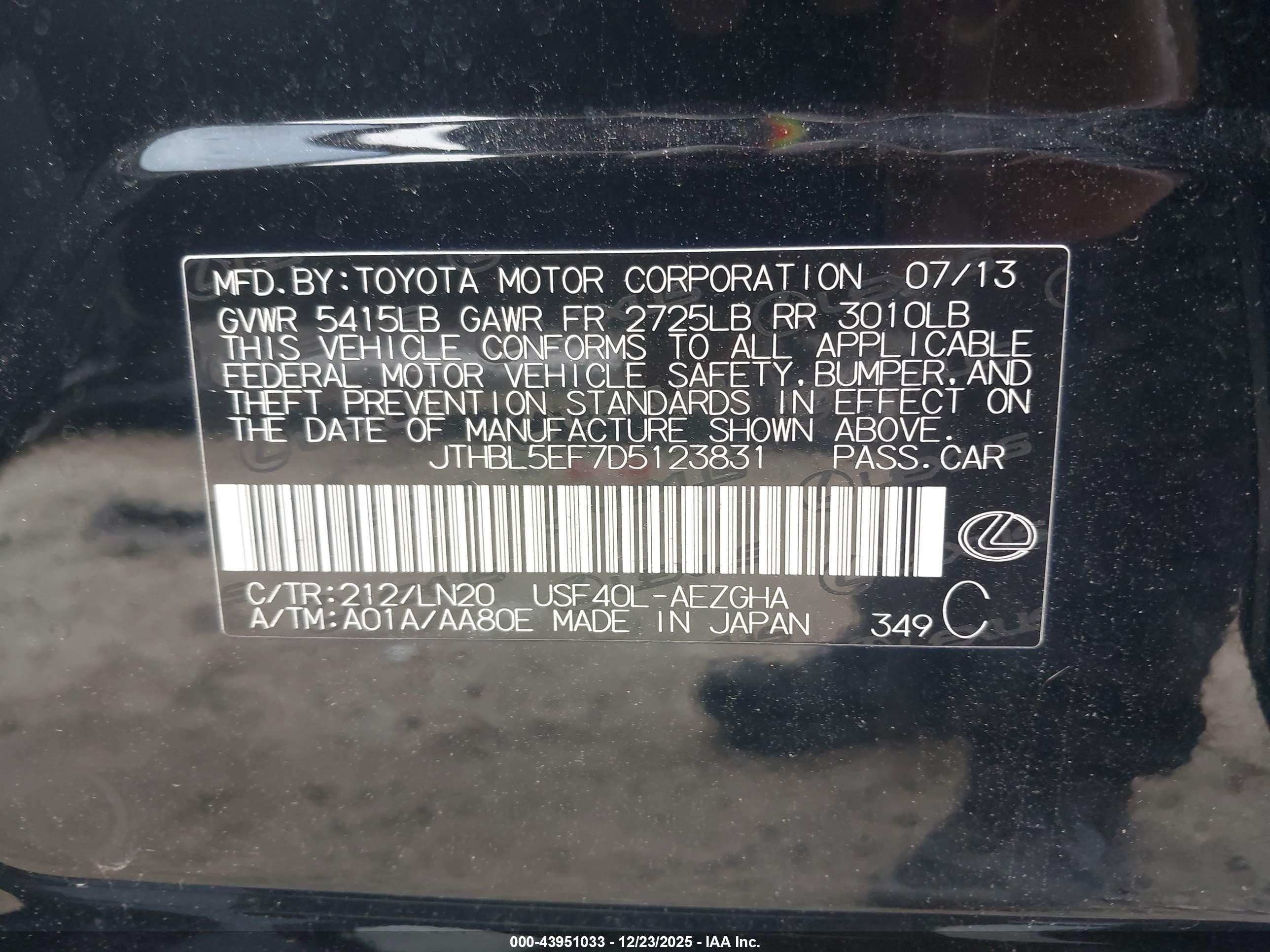 2013 Lexus Ls 460   Black vin: JTHBL5EF7D5123831