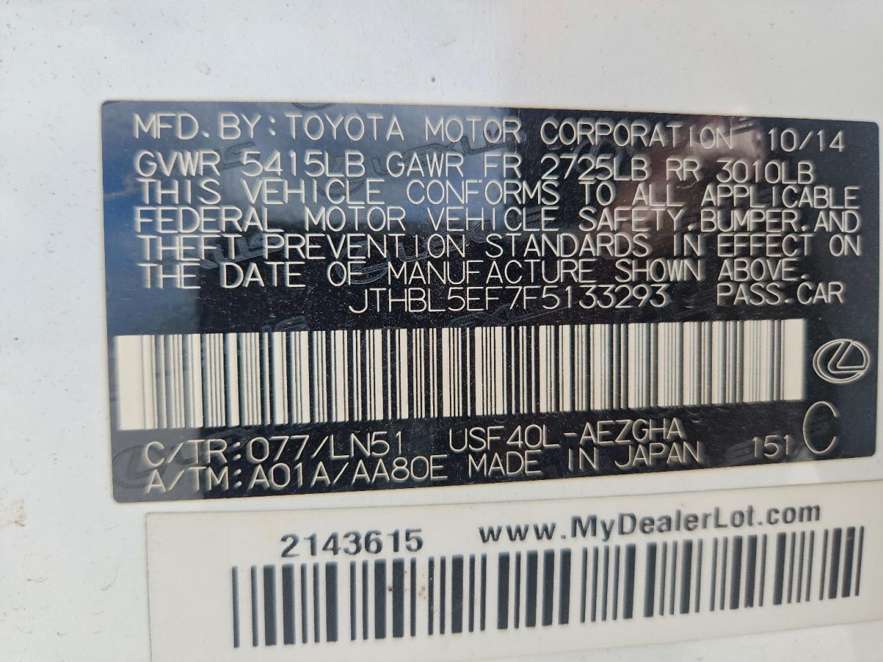 2015 Lexus Ls 460 White vin: JTHBL5EF7F5133293
