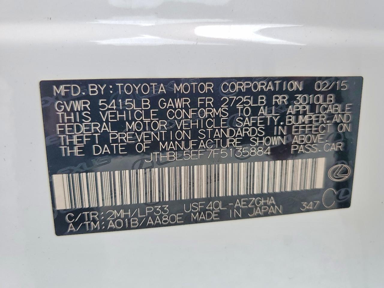 2015 Lexus Ls 460 Белый vin: JTHBL5EF7F5135884
