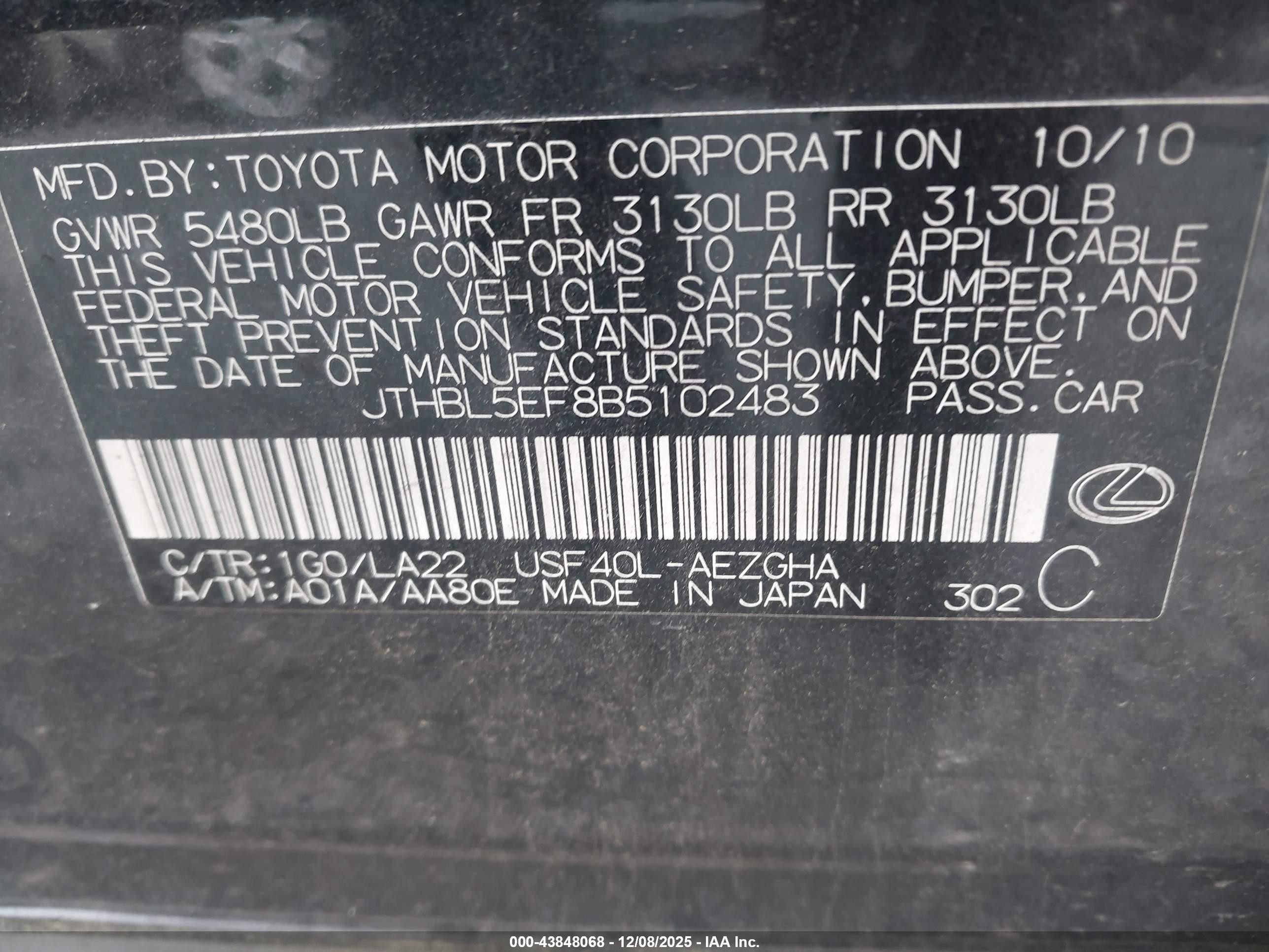 2011 Lexus Ls 460   Black vin: JTHBL5EF8B5102483