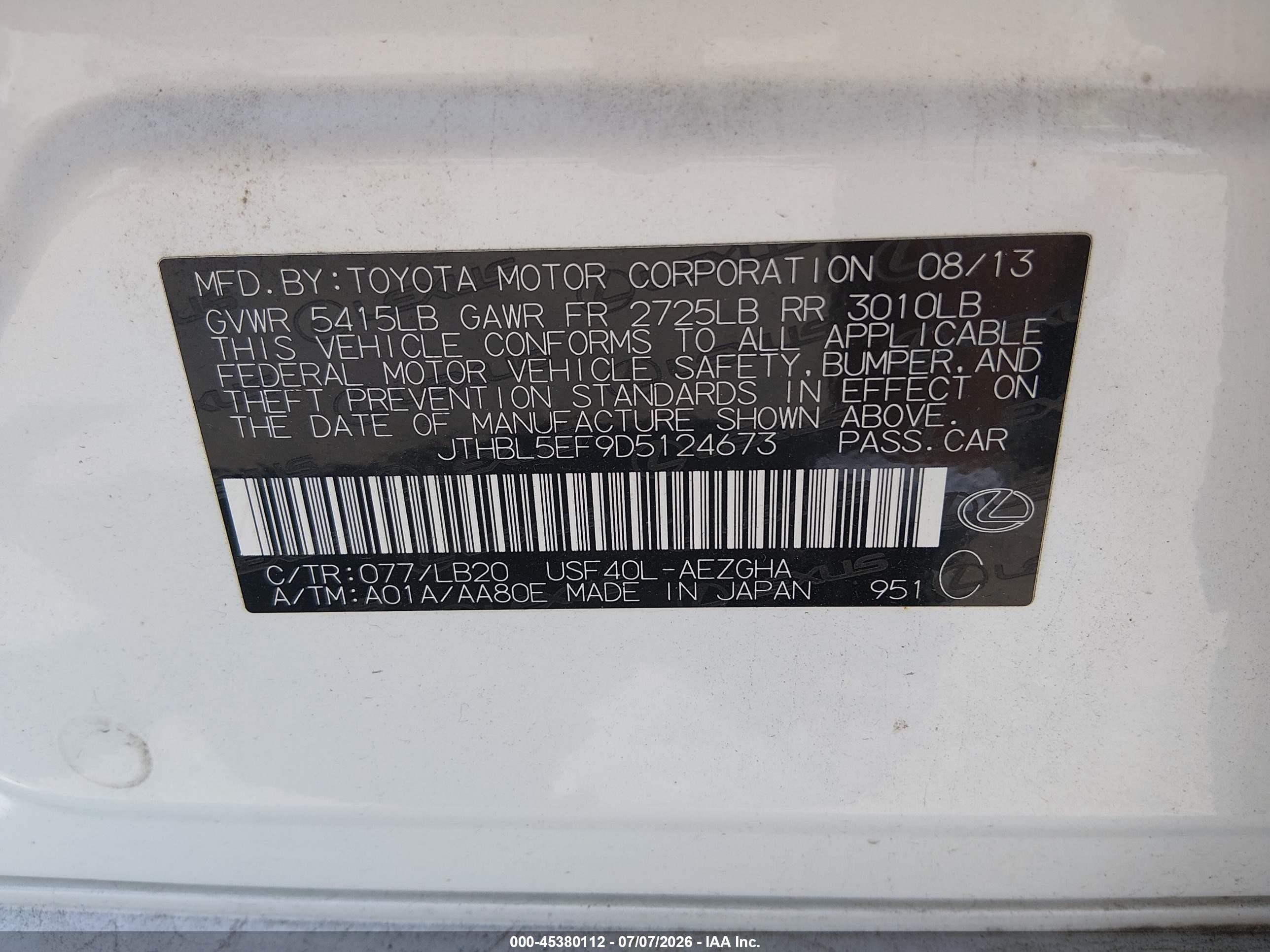 2013 Lexus Ls 460   White vin: JTHBL5EF9D5124673