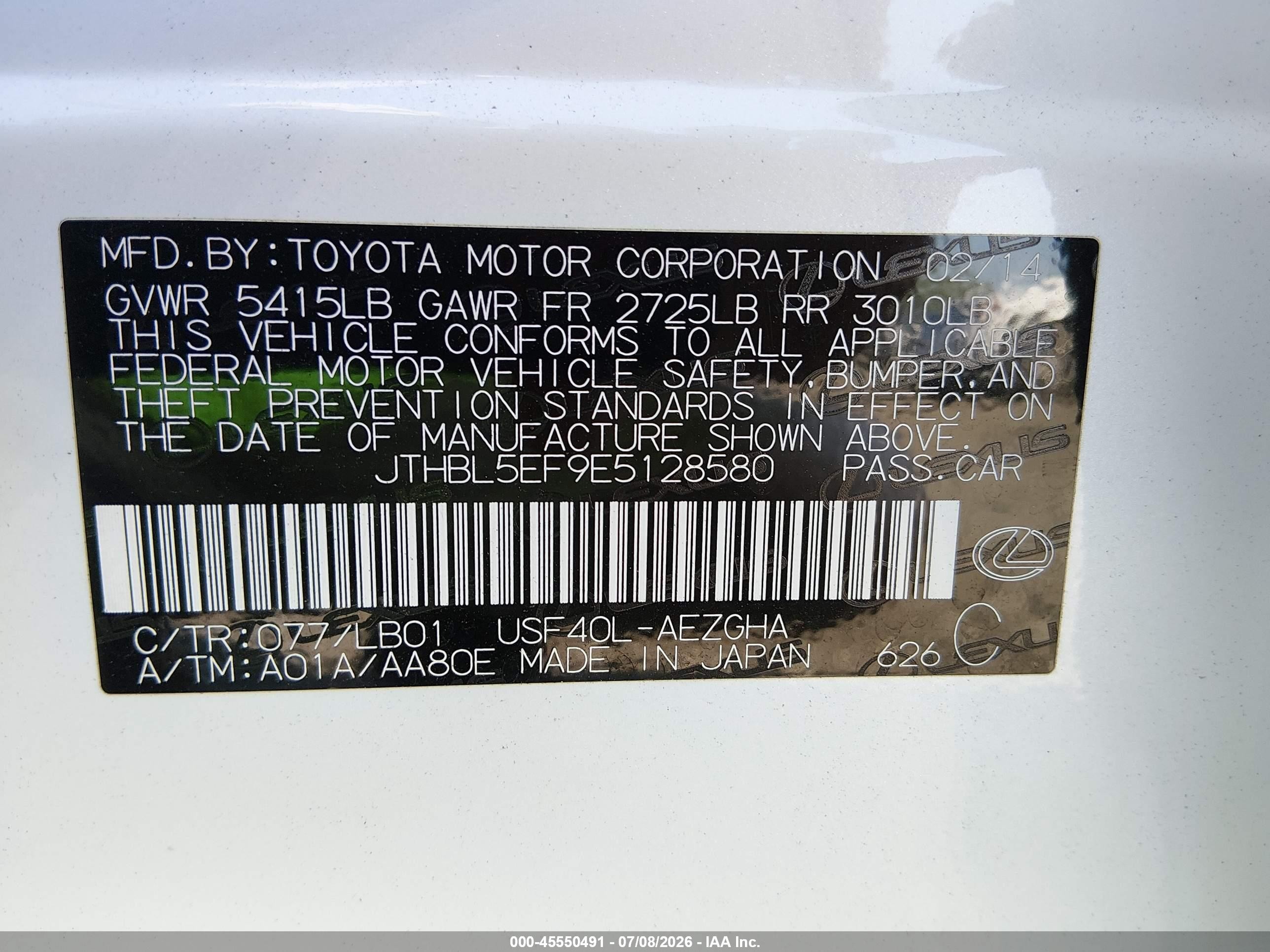 2014 Lexus Ls 460   White vin: JTHBL5EF9E5128580