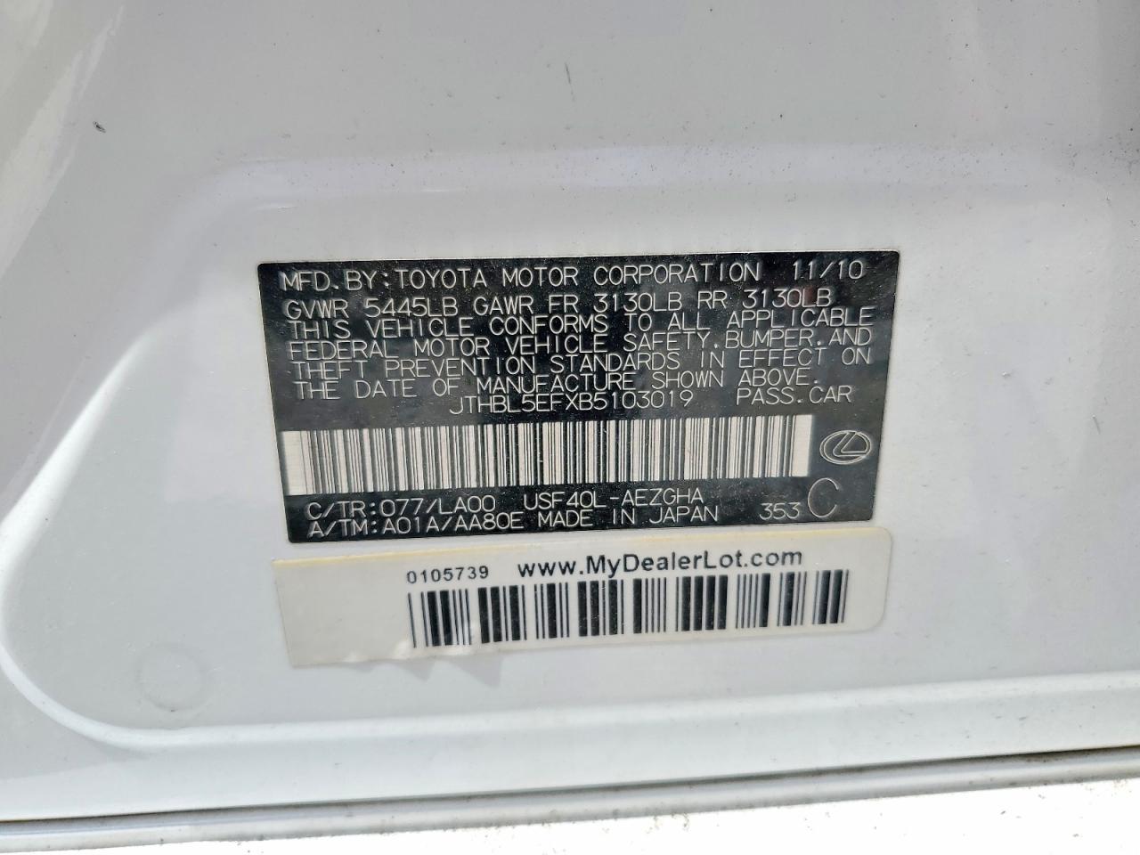 2011 Lexus Ls 460 White vin: JTHBL5EFXB5103019