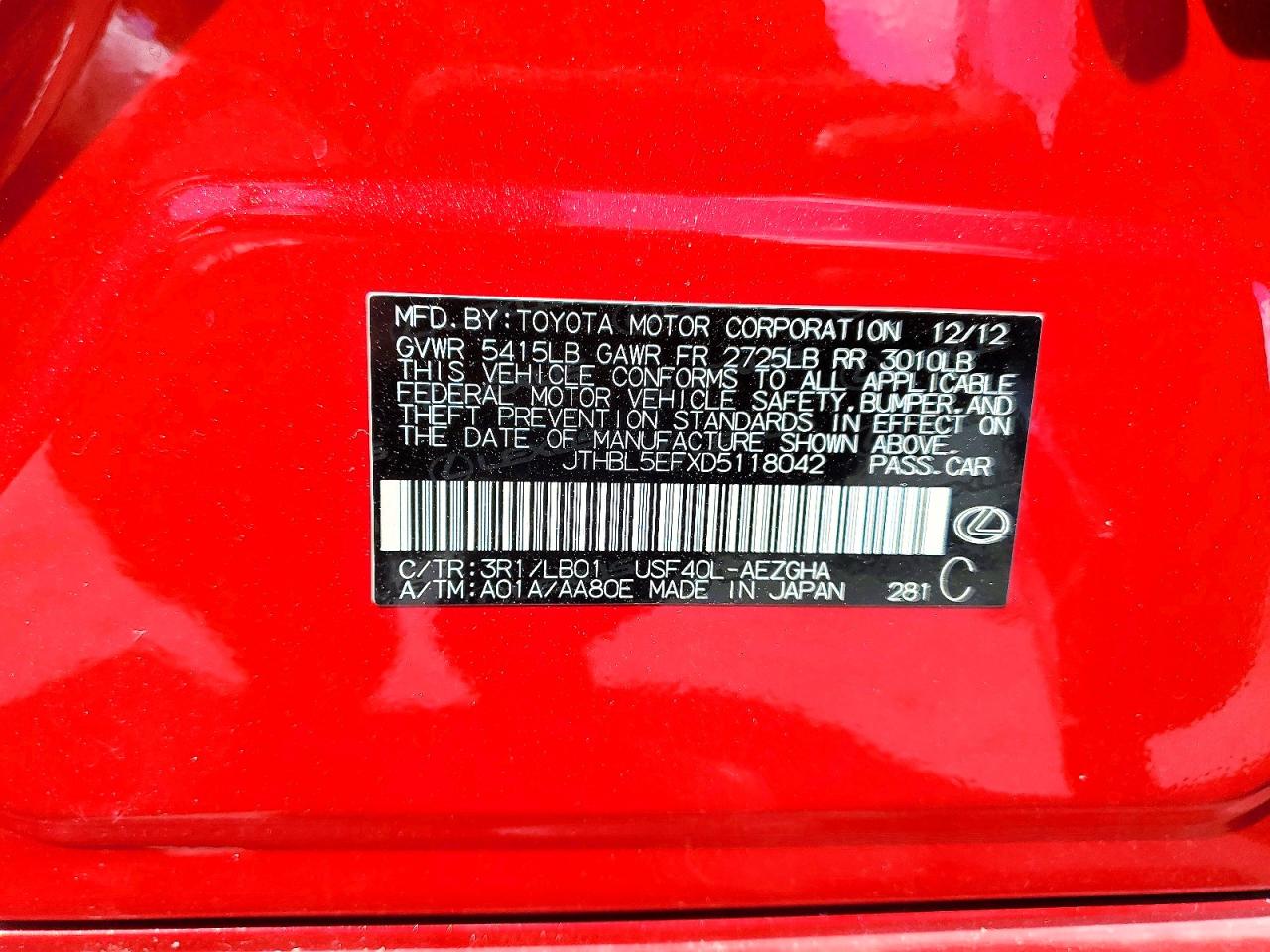 2013 Lexus Ls 460 Red vin: JTHBL5EFXD5118042