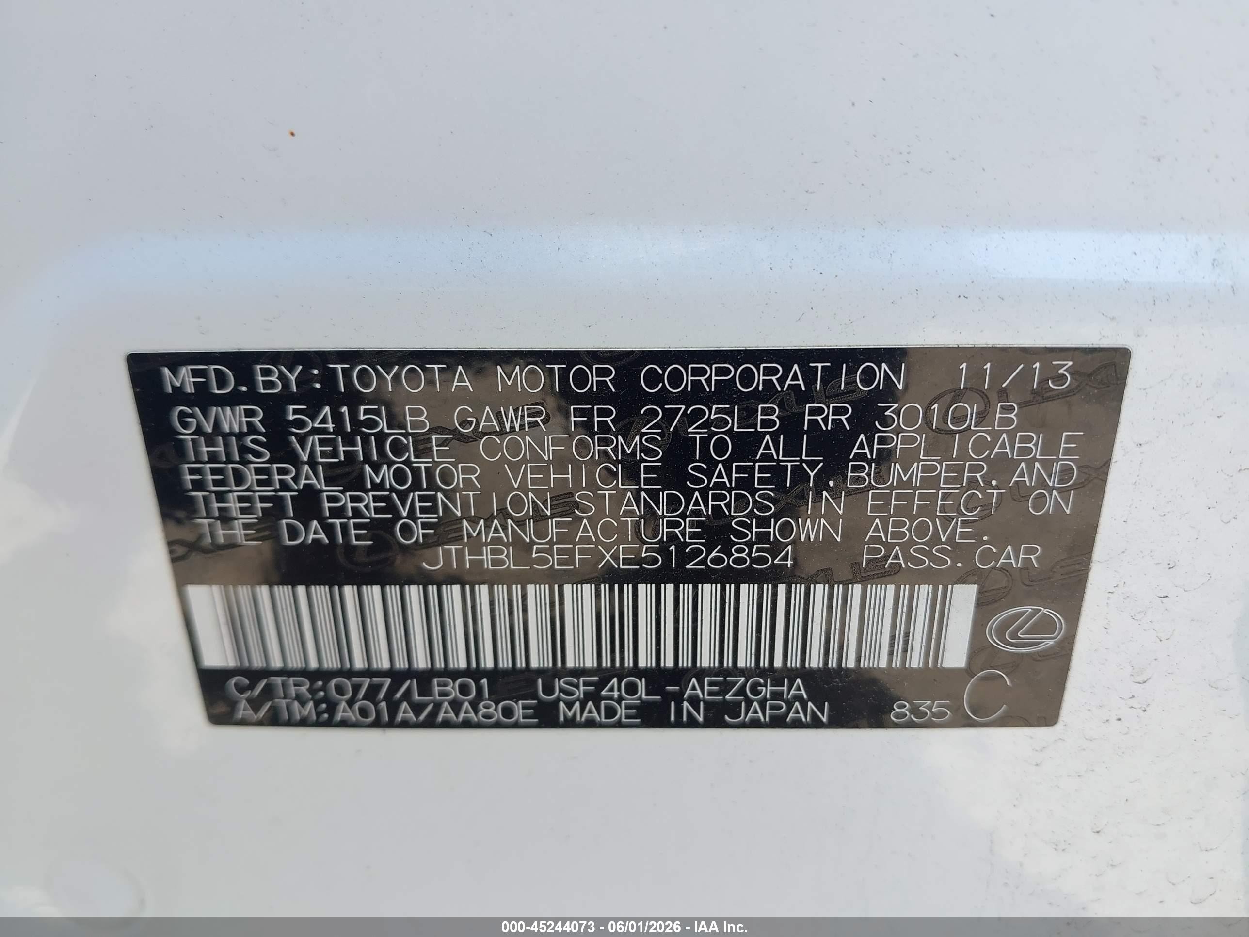 2014 Lexus Ls 460   White vin: JTHBL5EFXE5126854