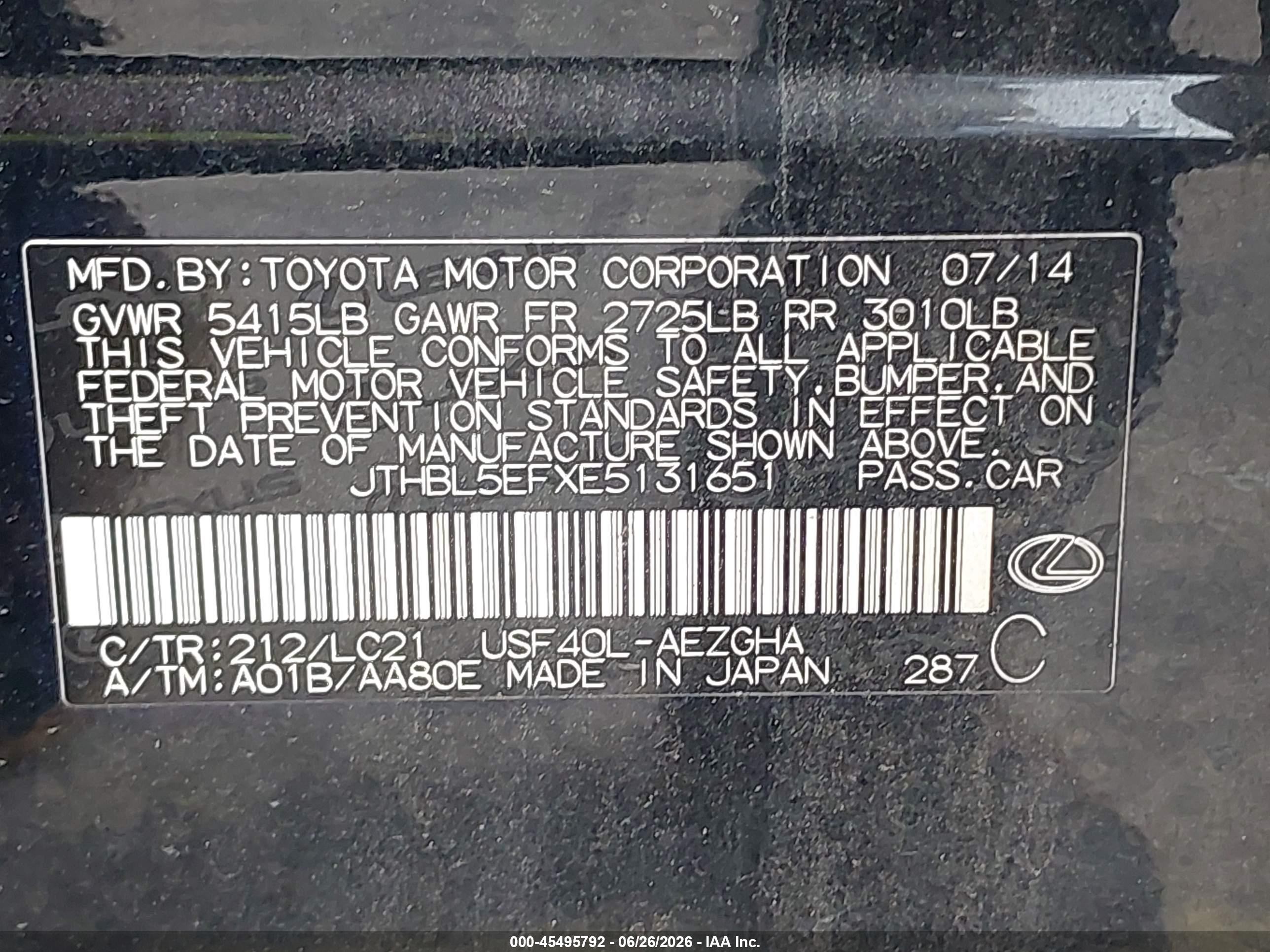 2014 Lexus Ls 460 Black vin: JTHBL5EFXE5131651