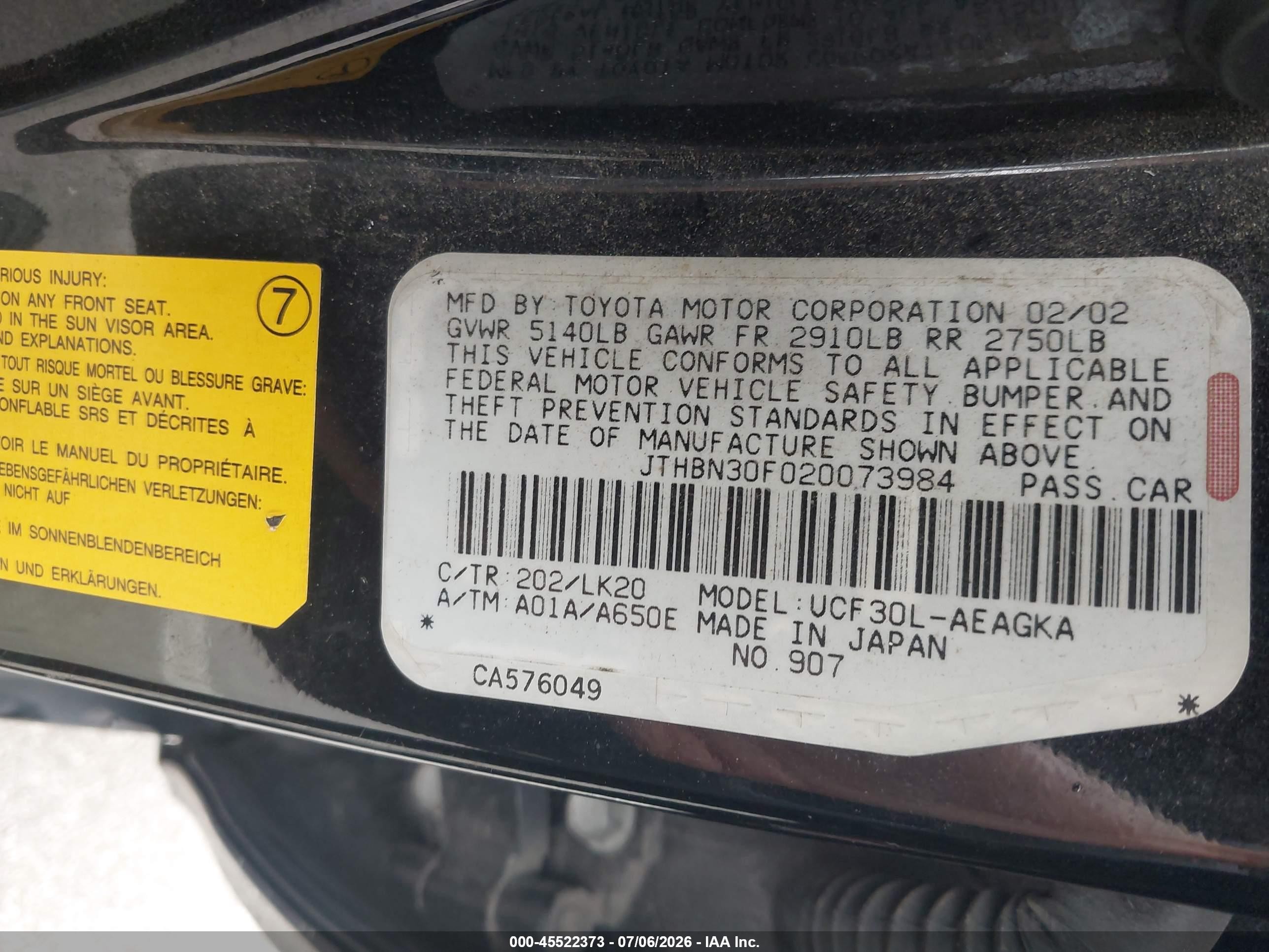 2002 Lexus Ls 430   Black vin: JTHBN30F020073984