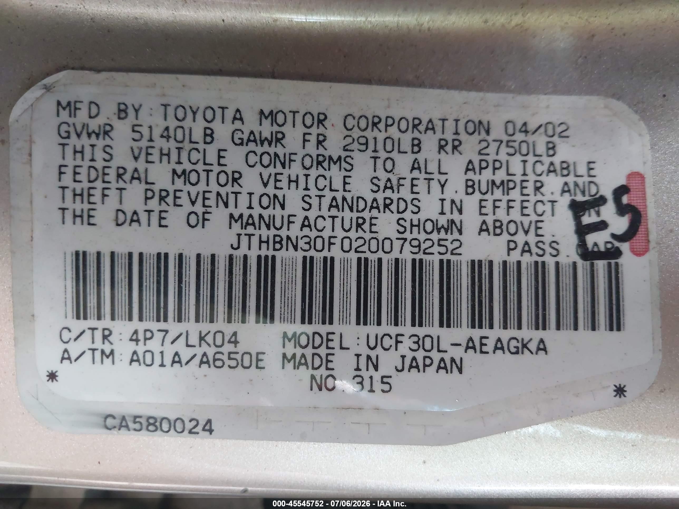 2002 Lexus Ls 430 Gold vin: JTHBN30F020079252