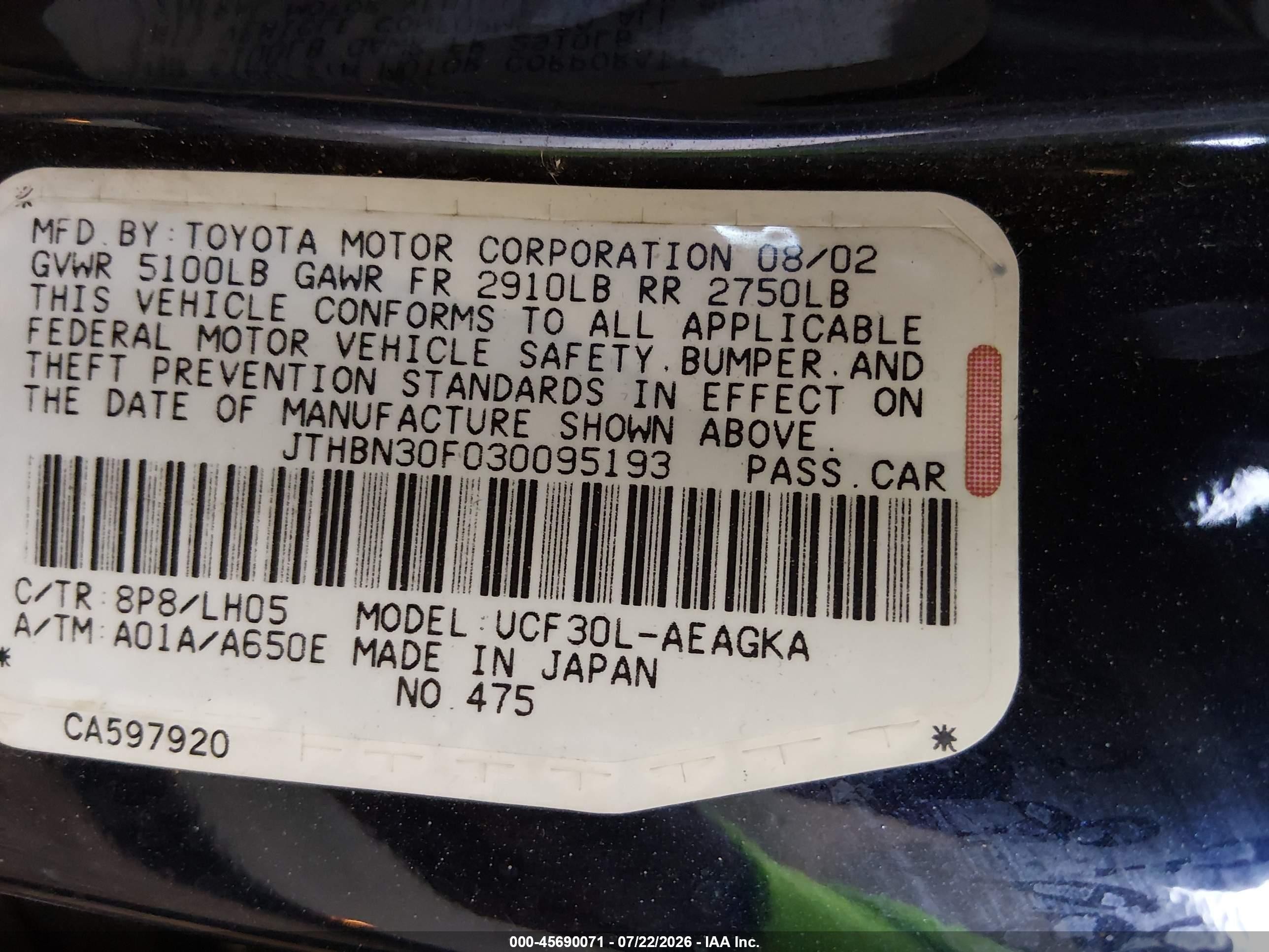 2003 Lexus Ls 430   Blue vin: JTHBN30F030095193