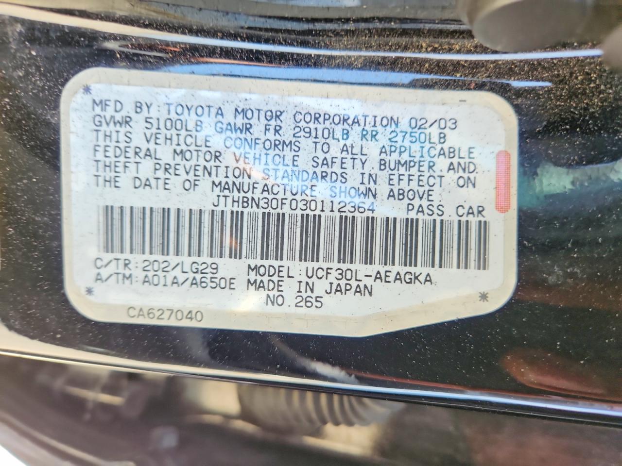 2003 Lexus Ls 430 Black vin: JTHBN30F030112364