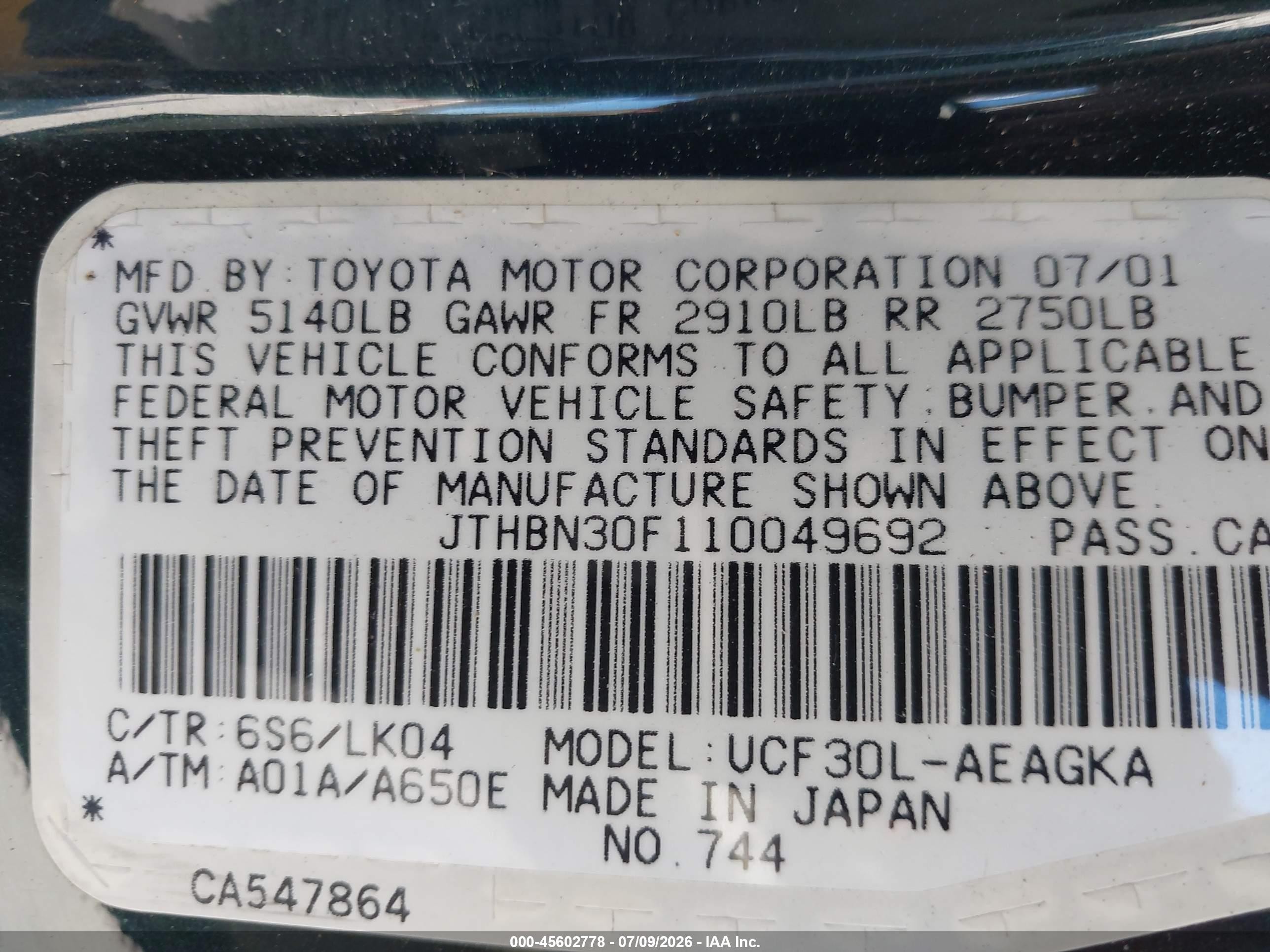 2001 Lexus Ls 430   Green vin: JTHBN30F110049692