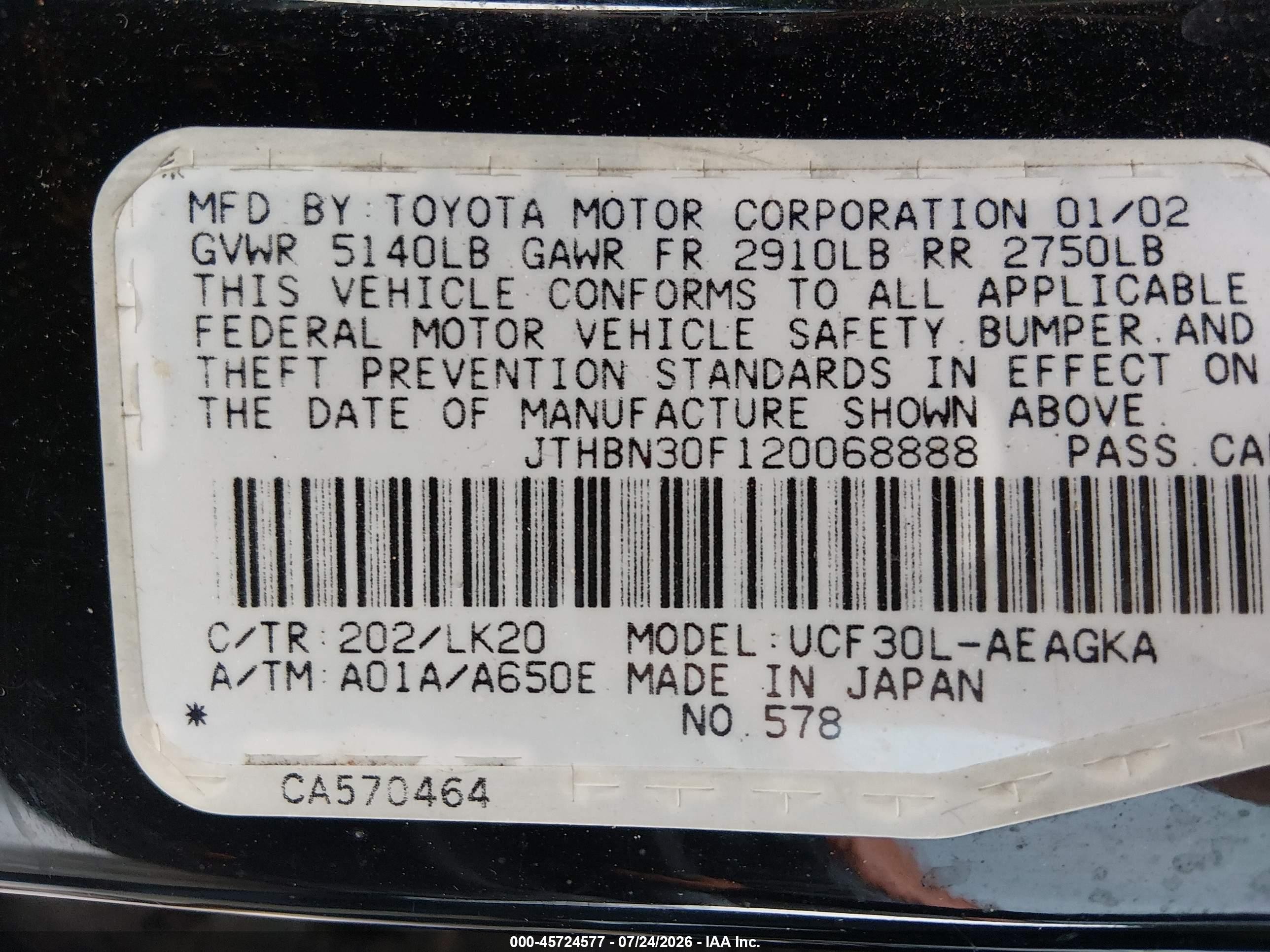 2002 Lexus Ls 430   Black vin: JTHBN30F120068888