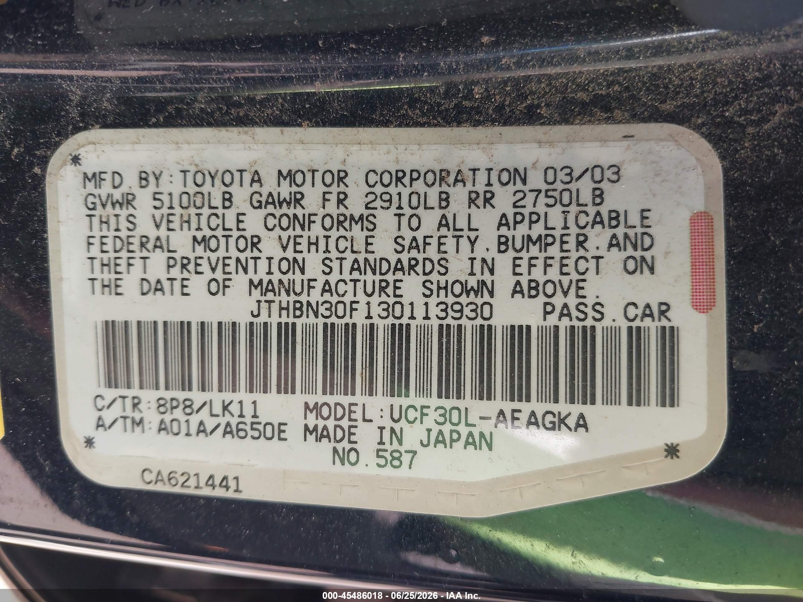 2003 Lexus Ls 430   Black vin: JTHBN30F130113930