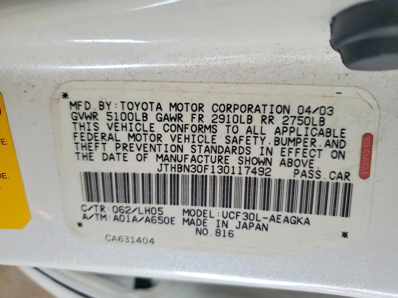 2003 Lexus Ls 430 White vin: JTHBN30F130117492