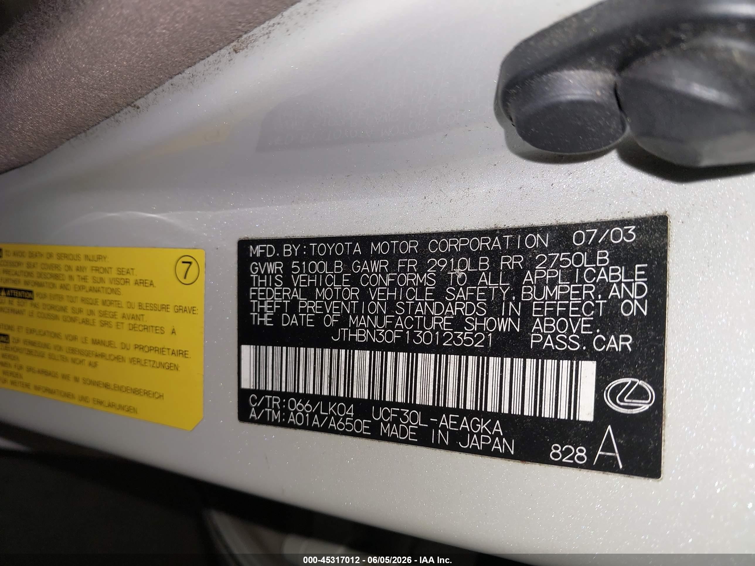 2003 Lexus Ls 430   White vin: JTHBN30F130123521