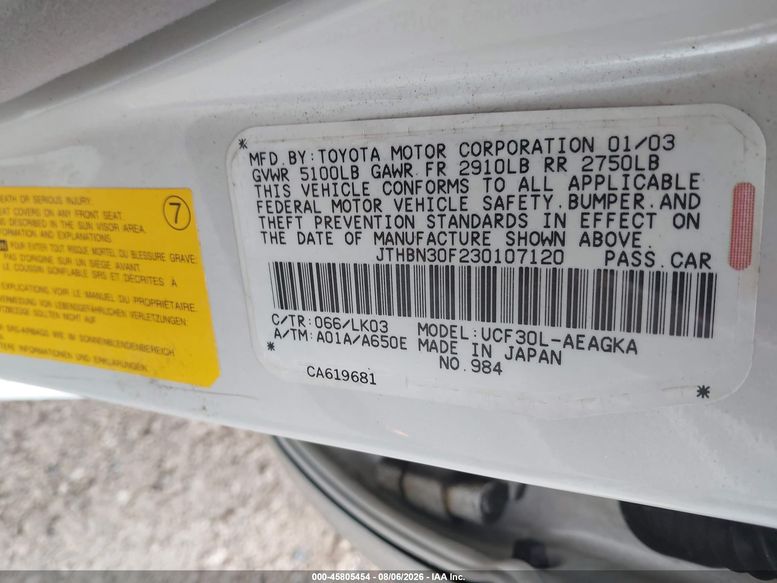 2003 Lexus Ls 430   White vin: JTHBN30F230107120