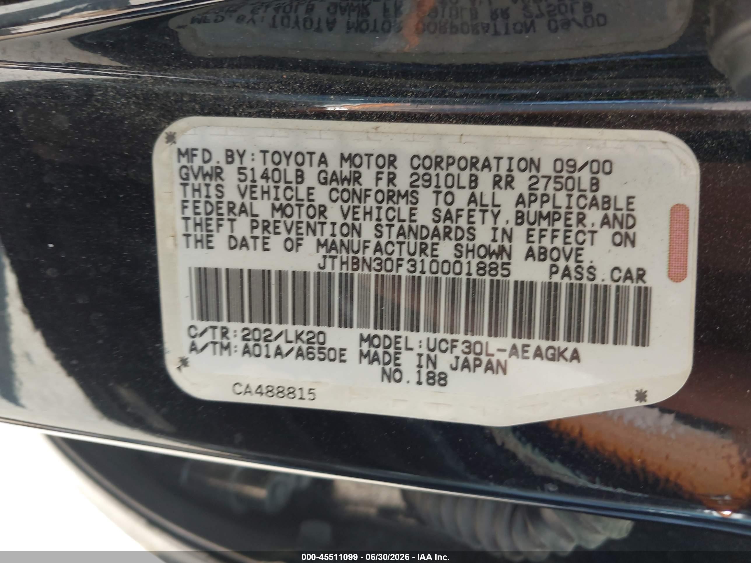 2001 Lexus Ls 430   Black vin: JTHBN30F310001885