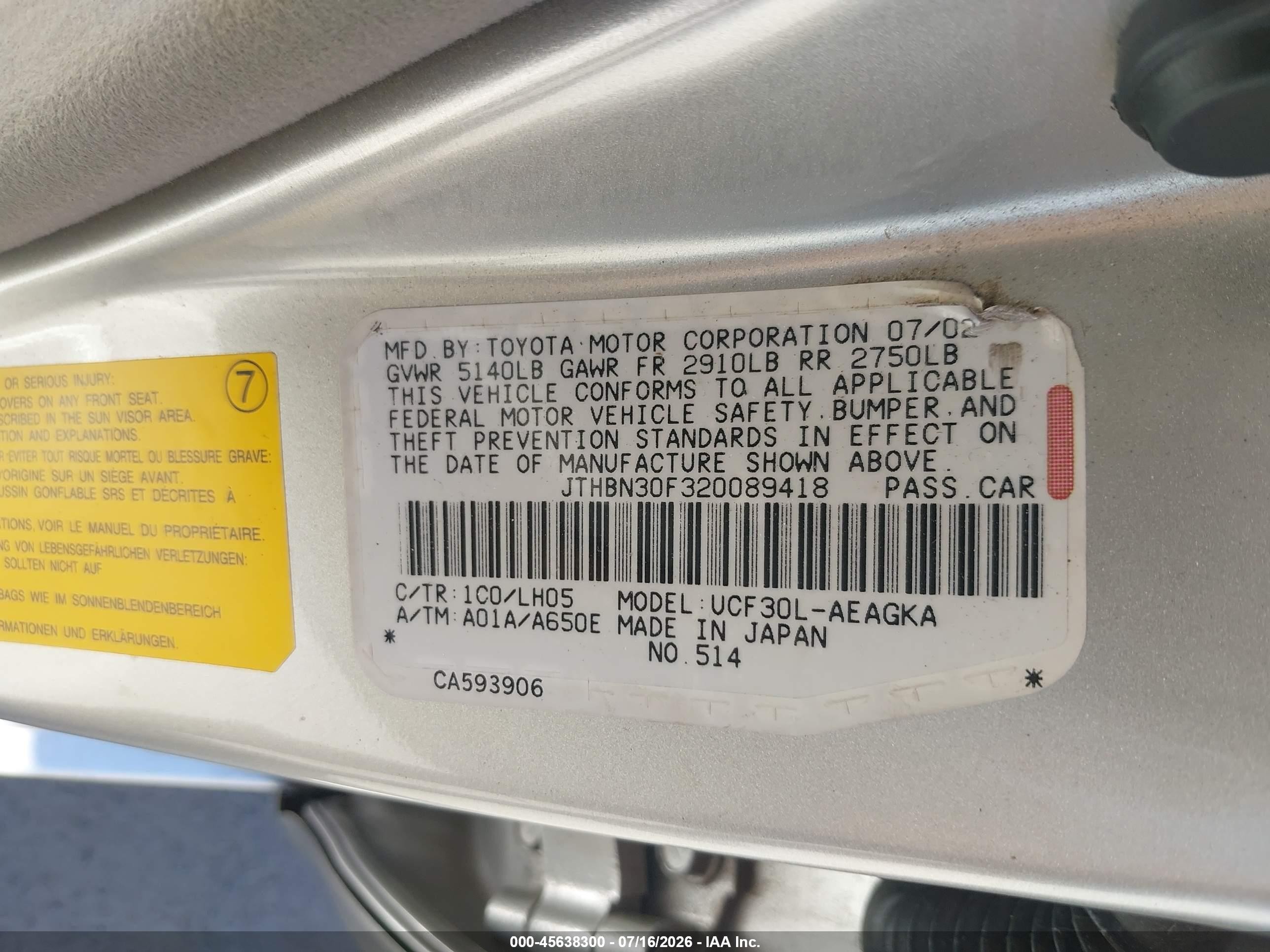 2002 Lexus Ls 430   Silver vin: JTHBN30F320089418