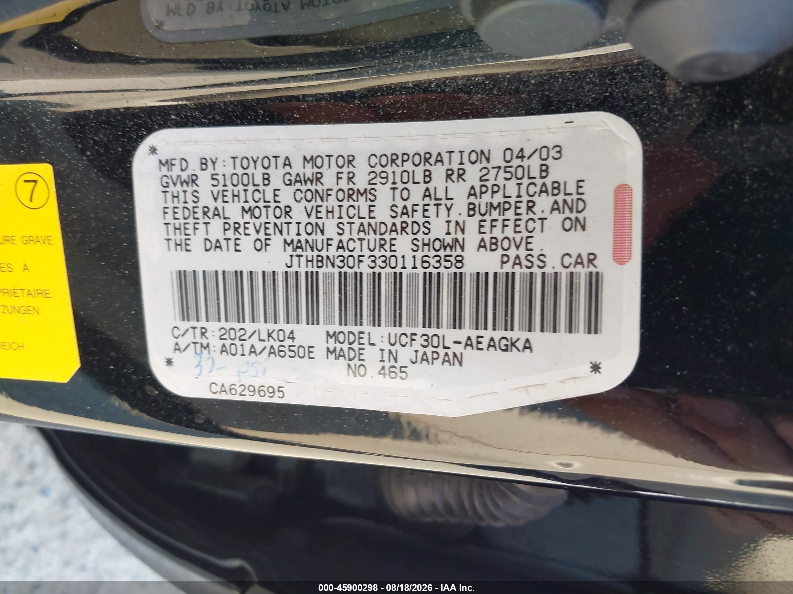 2003 Lexus Ls 430   Black vin: JTHBN30F330116358