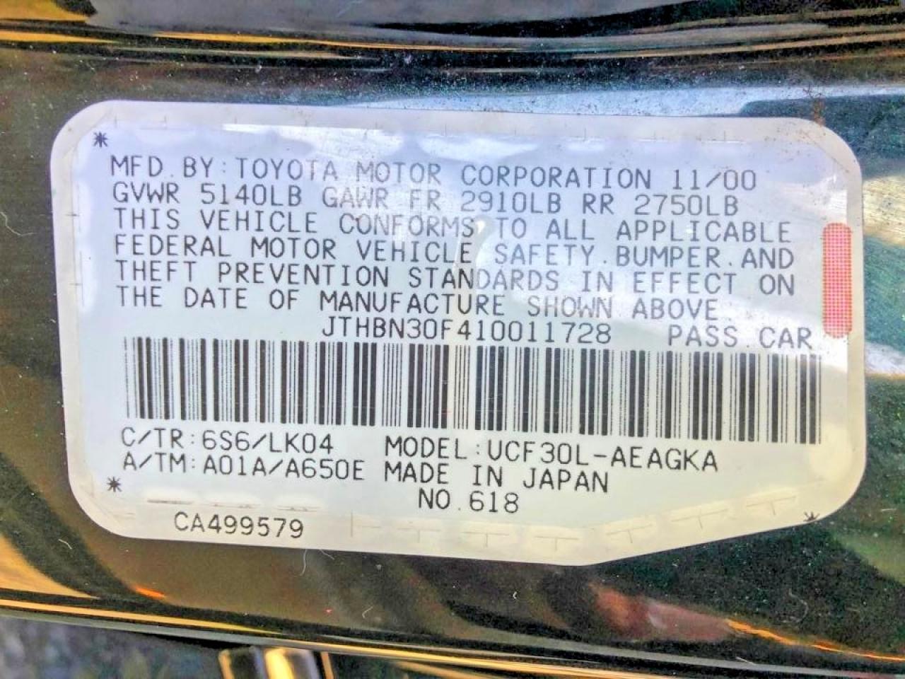 2001 Lexus Ls 430 Green vin: JTHBN30F410011728