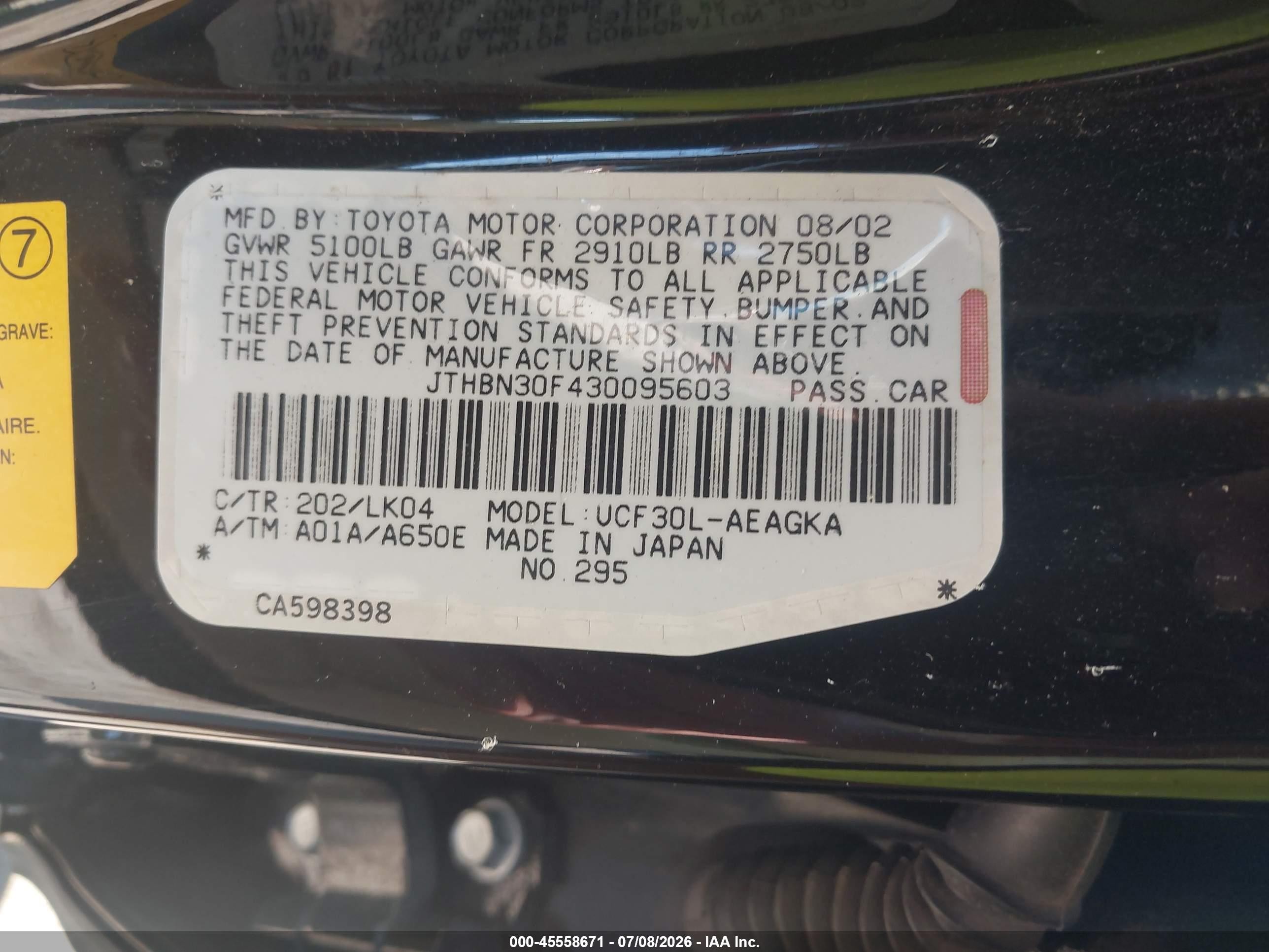 2003 Lexus Ls 430   Black vin: JTHBN30F430095603