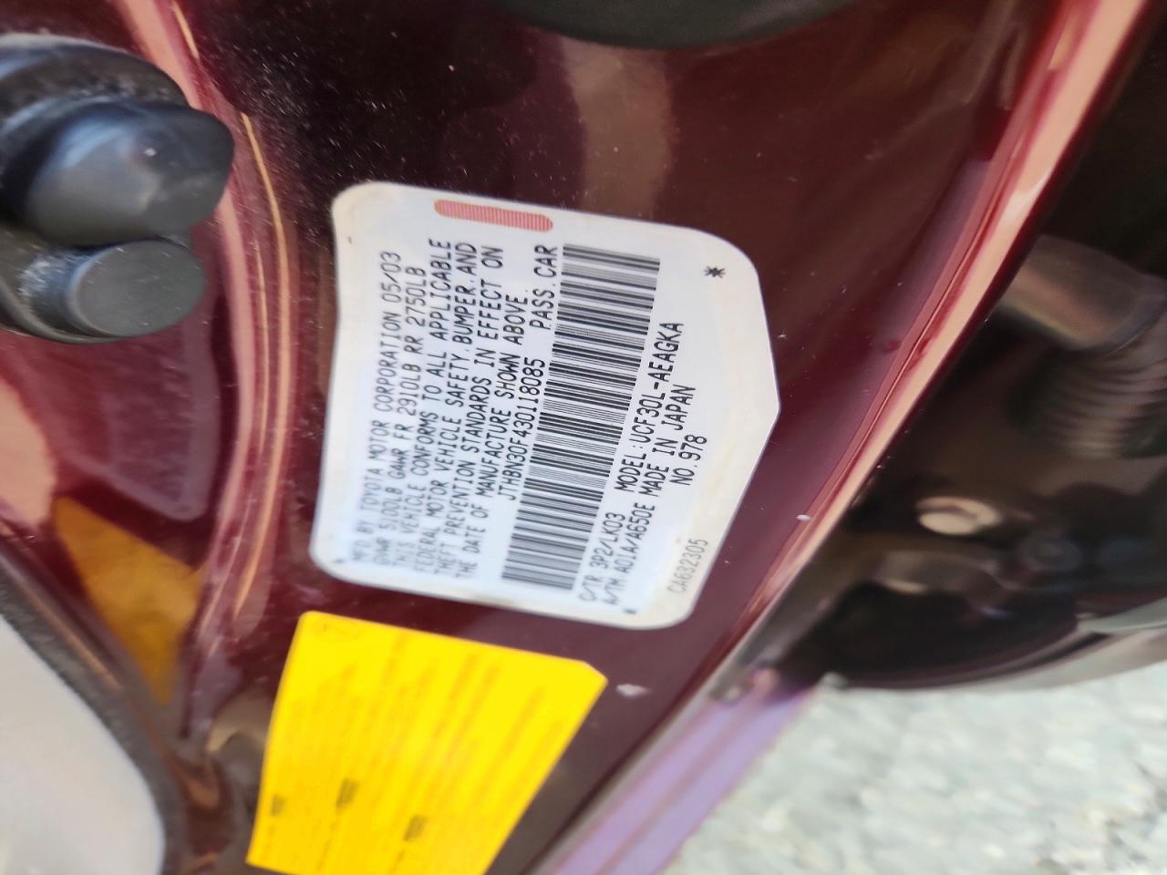 2003 Lexus Ls 430 Burgundy vin: JTHBN30F430118085