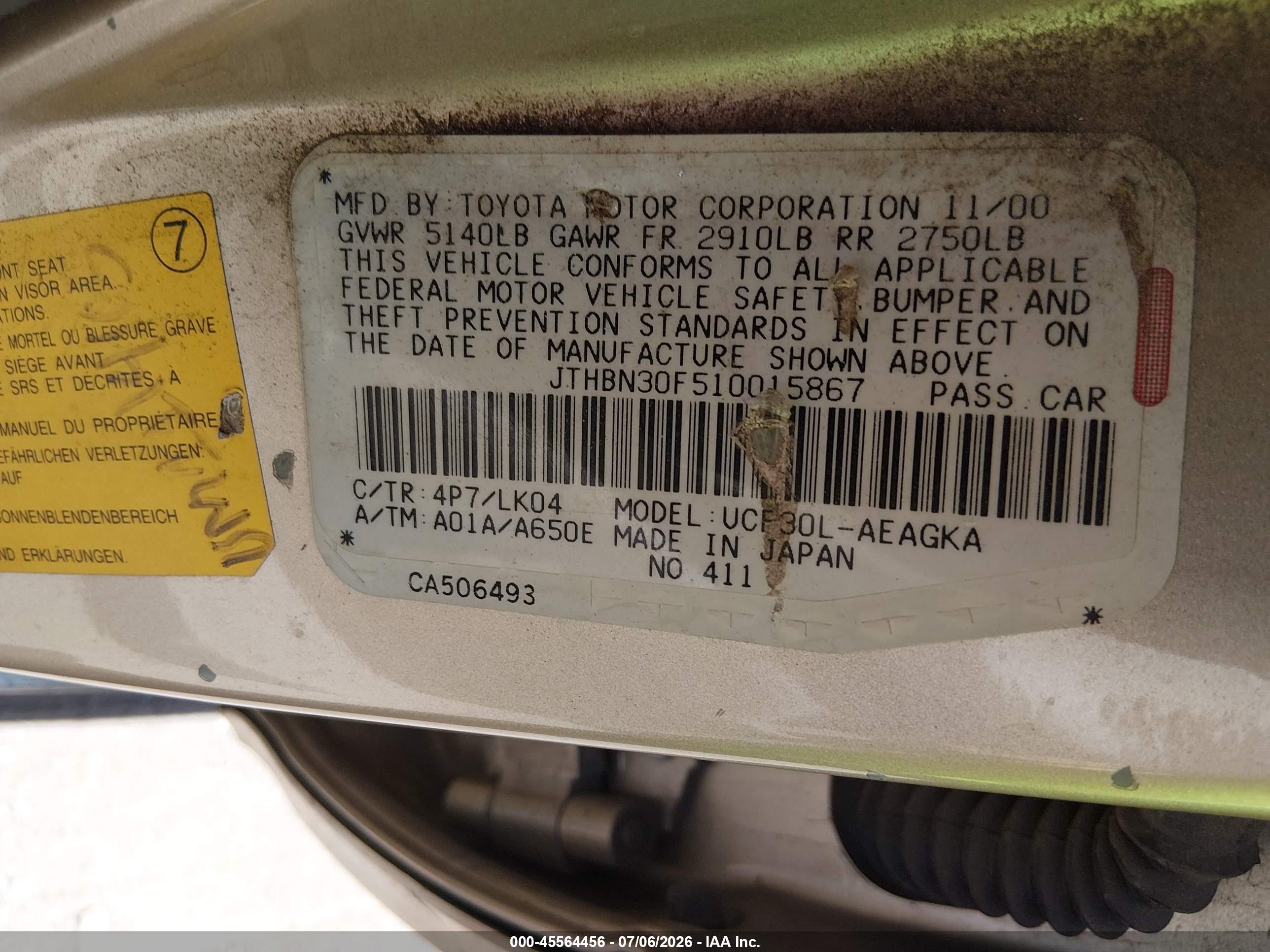 2001 Lexus Ls 430   Gold vin: JTHBN30F510015867