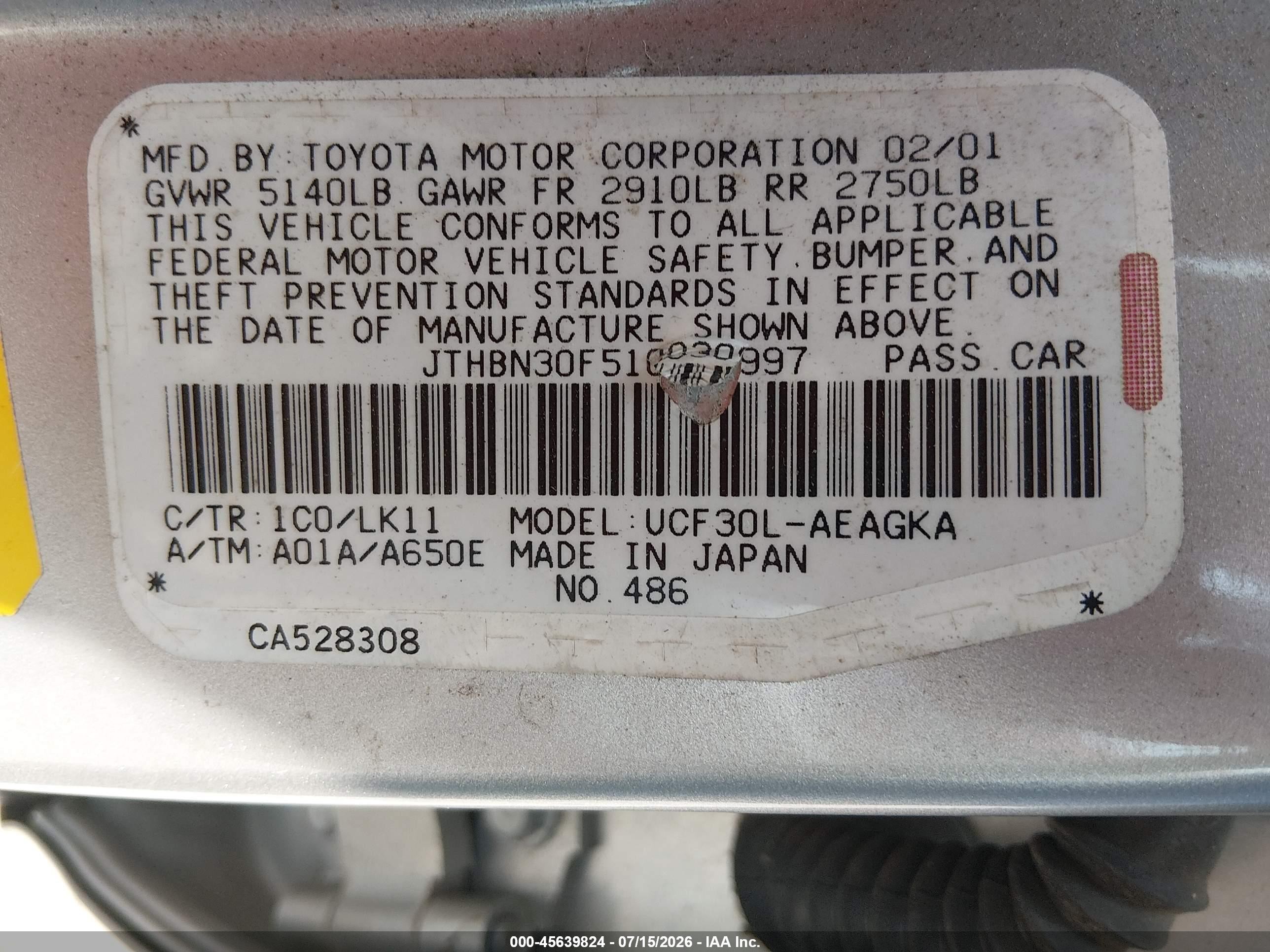2001 Lexus Ls 430 Серебряный vin: JTHBN30F510030997