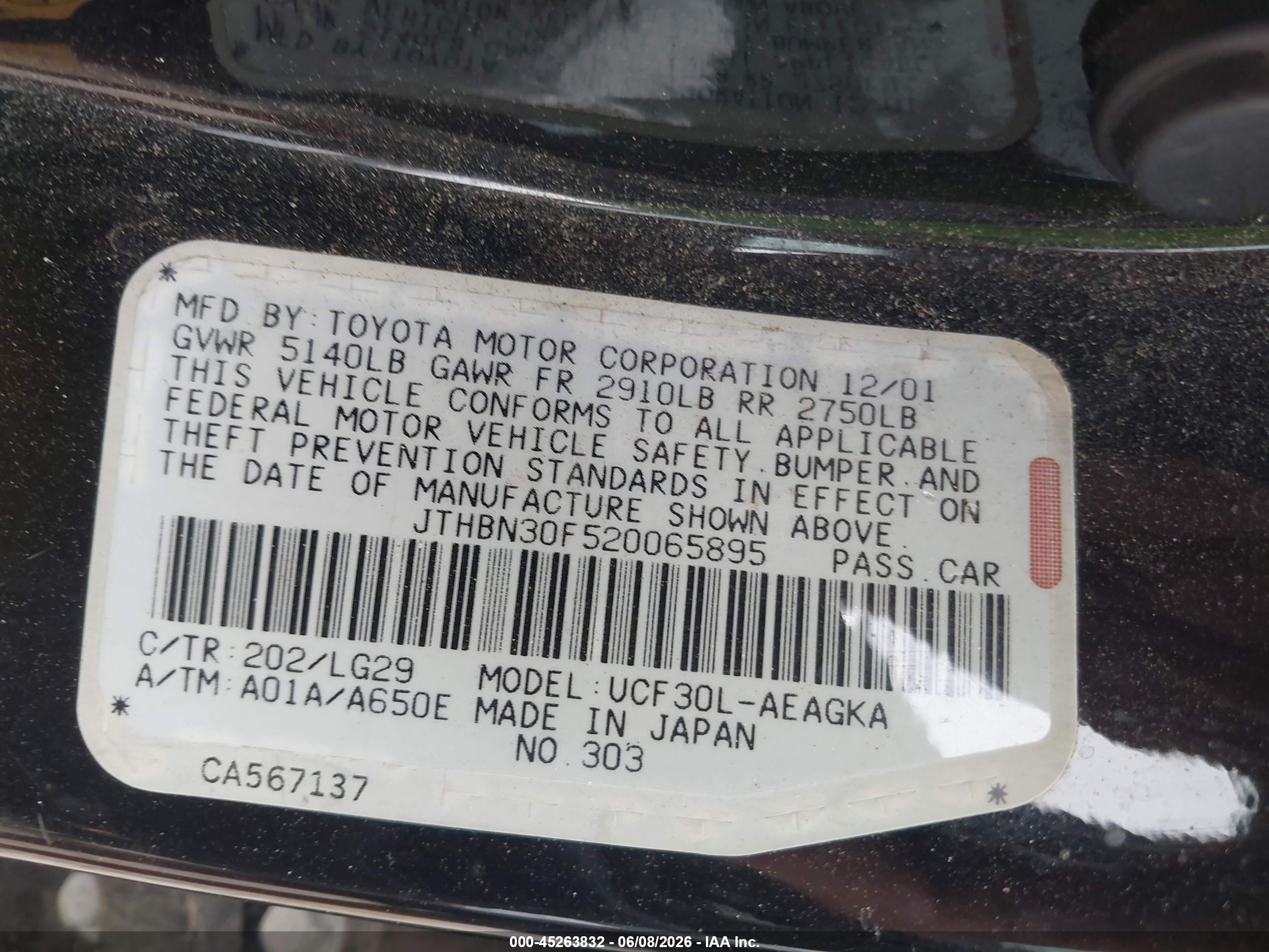 2002 Lexus Ls 430   Black vin: JTHBN30F520065895