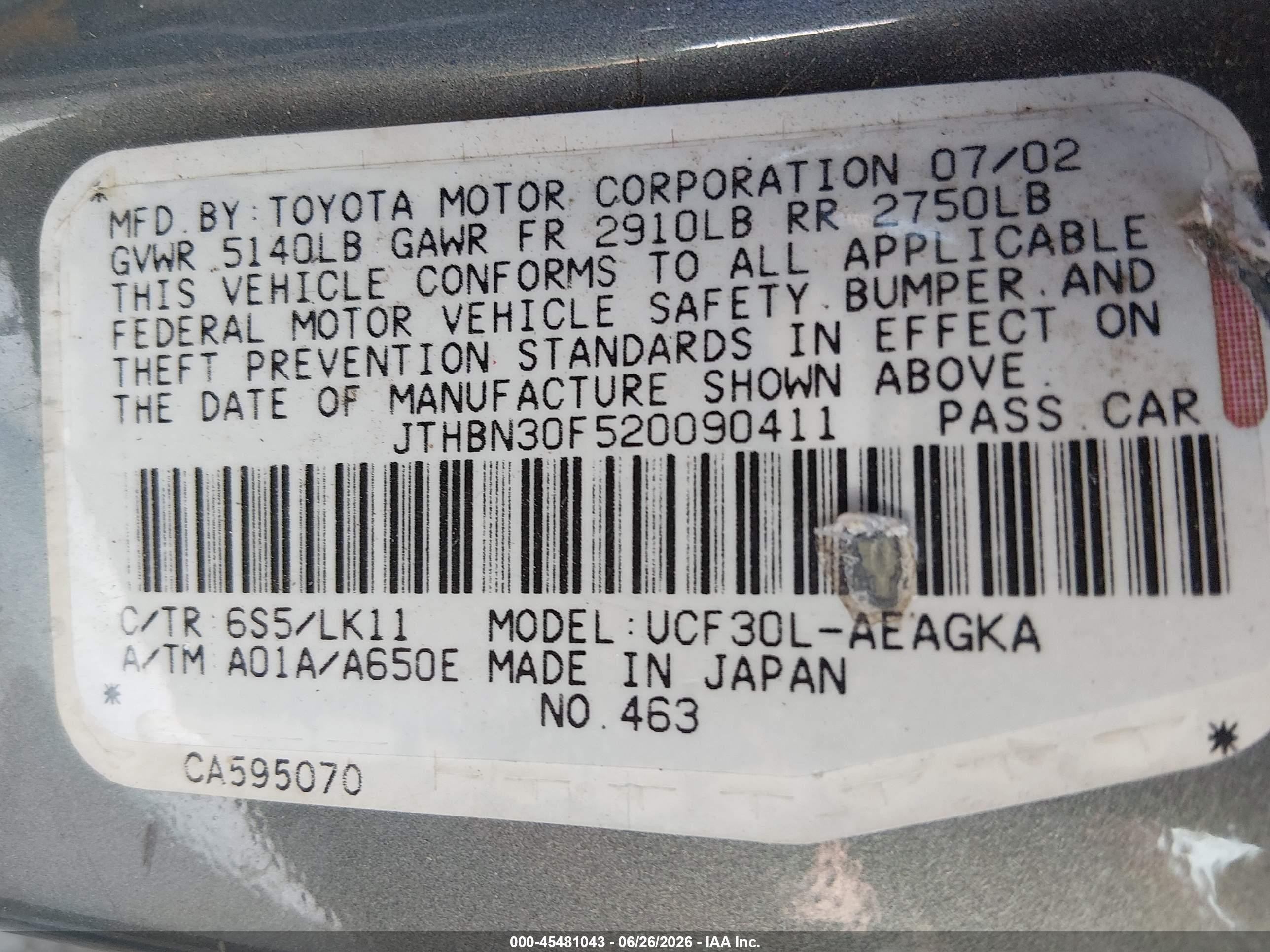 2002 Lexus Ls 430 Gray vin: JTHBN30F520090411
