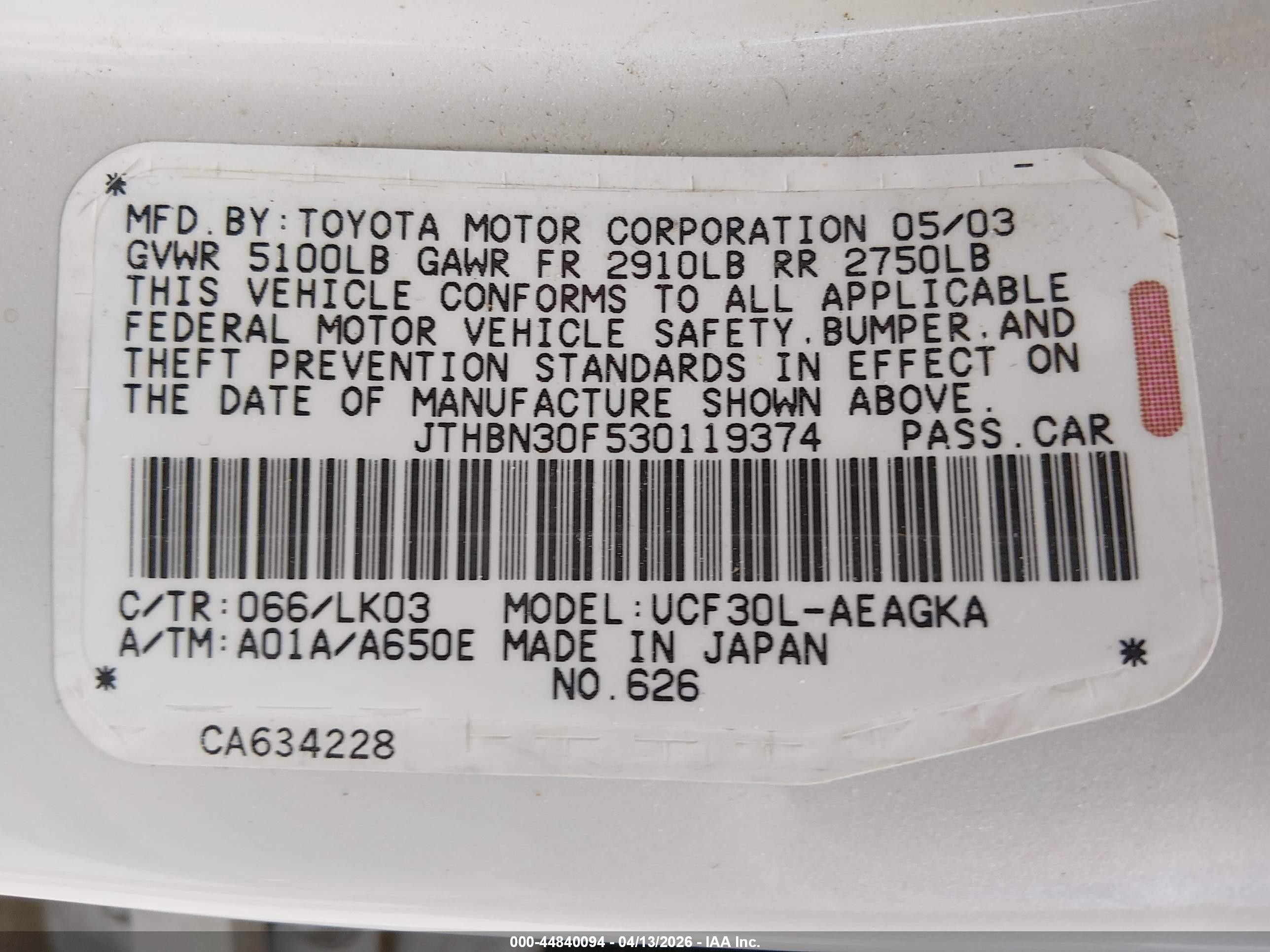 2003 Lexus Ls 430   White vin: JTHBN30F530119374
