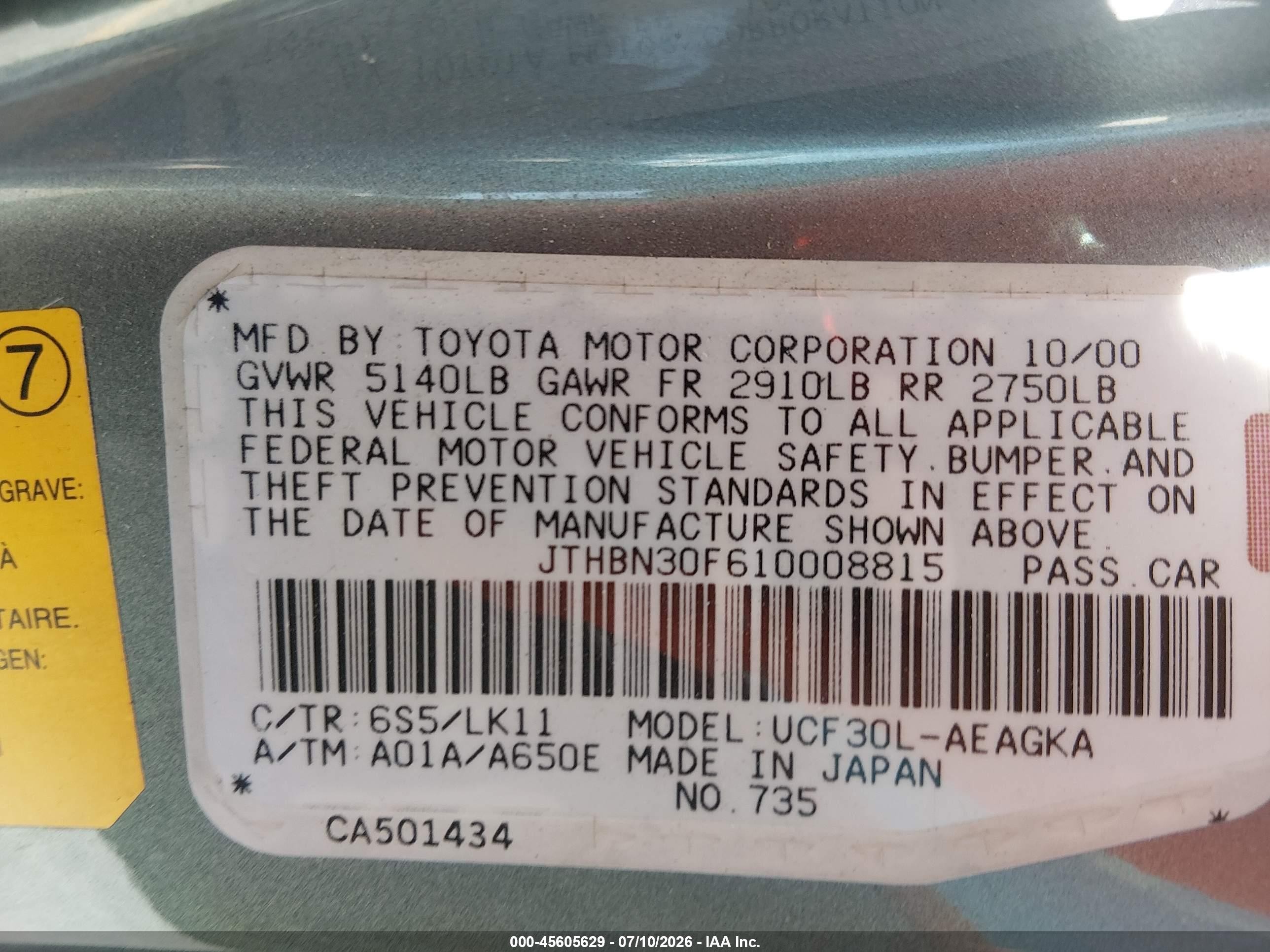 2001 Lexus Ls 430   Green vin: JTHBN30F610008815