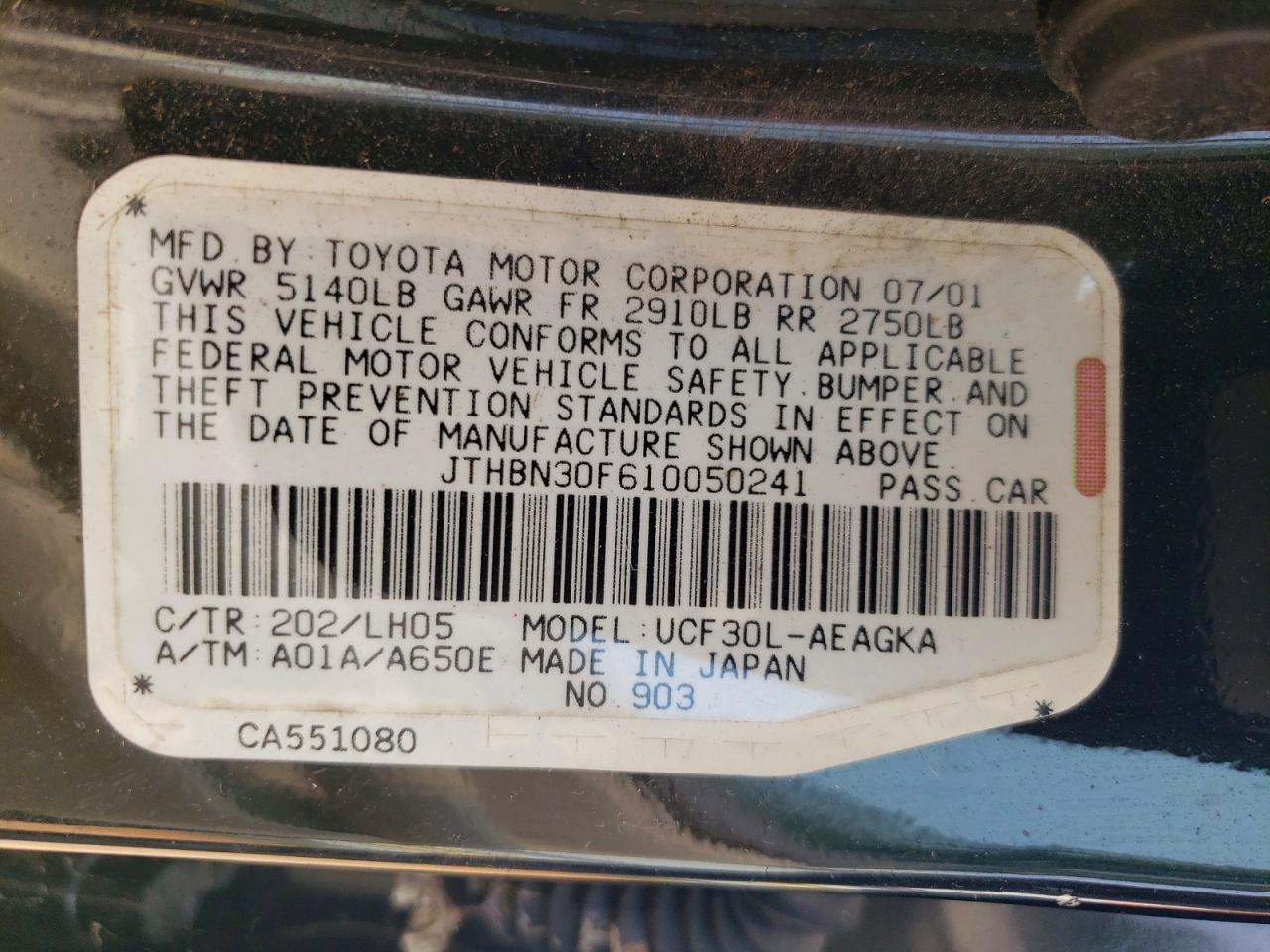 2001 Lexus Ls 430 Black vin: JTHBN30F610050241