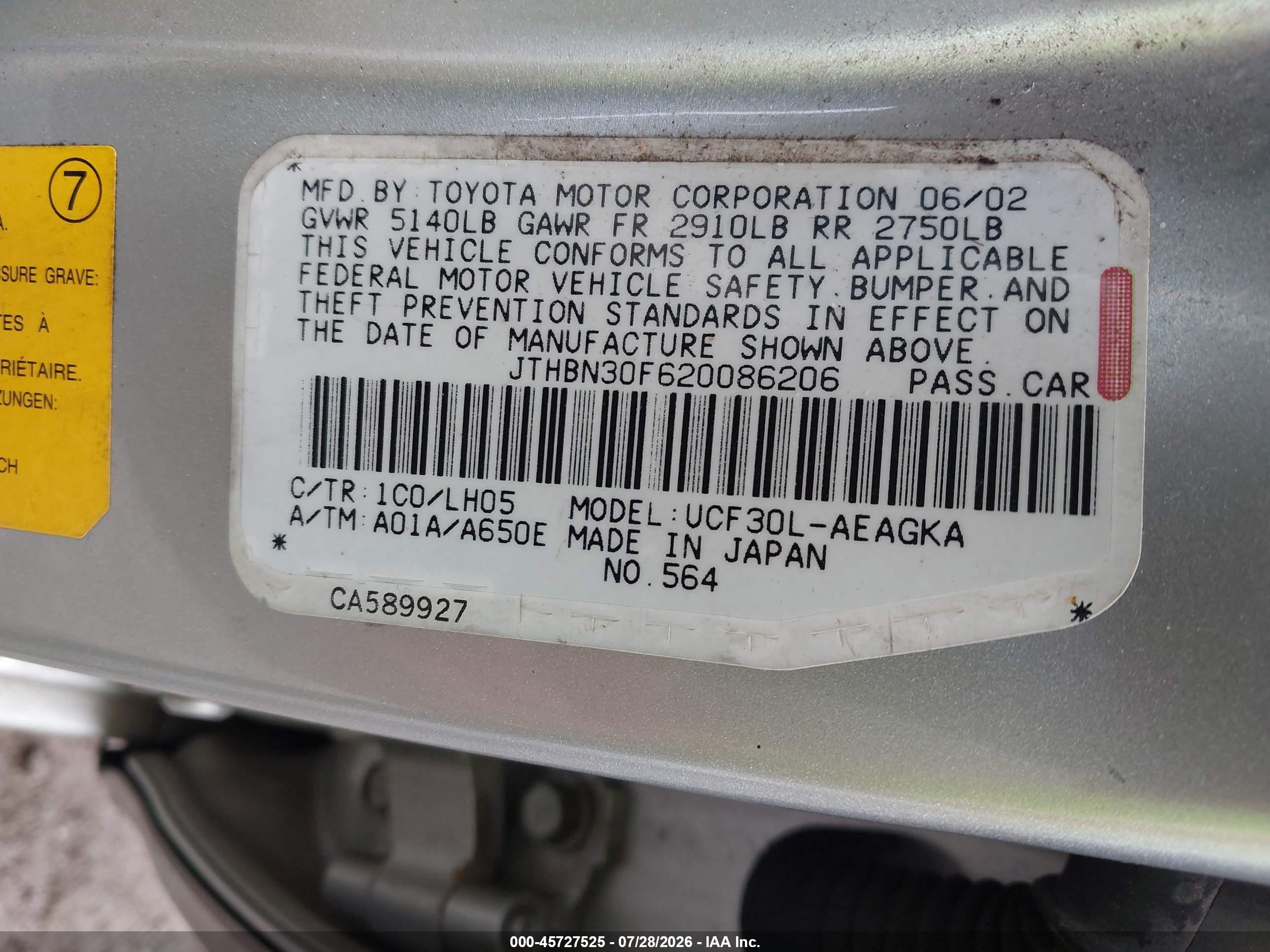 2002 Lexus Ls 430   Champagne vin: JTHBN30F620086206